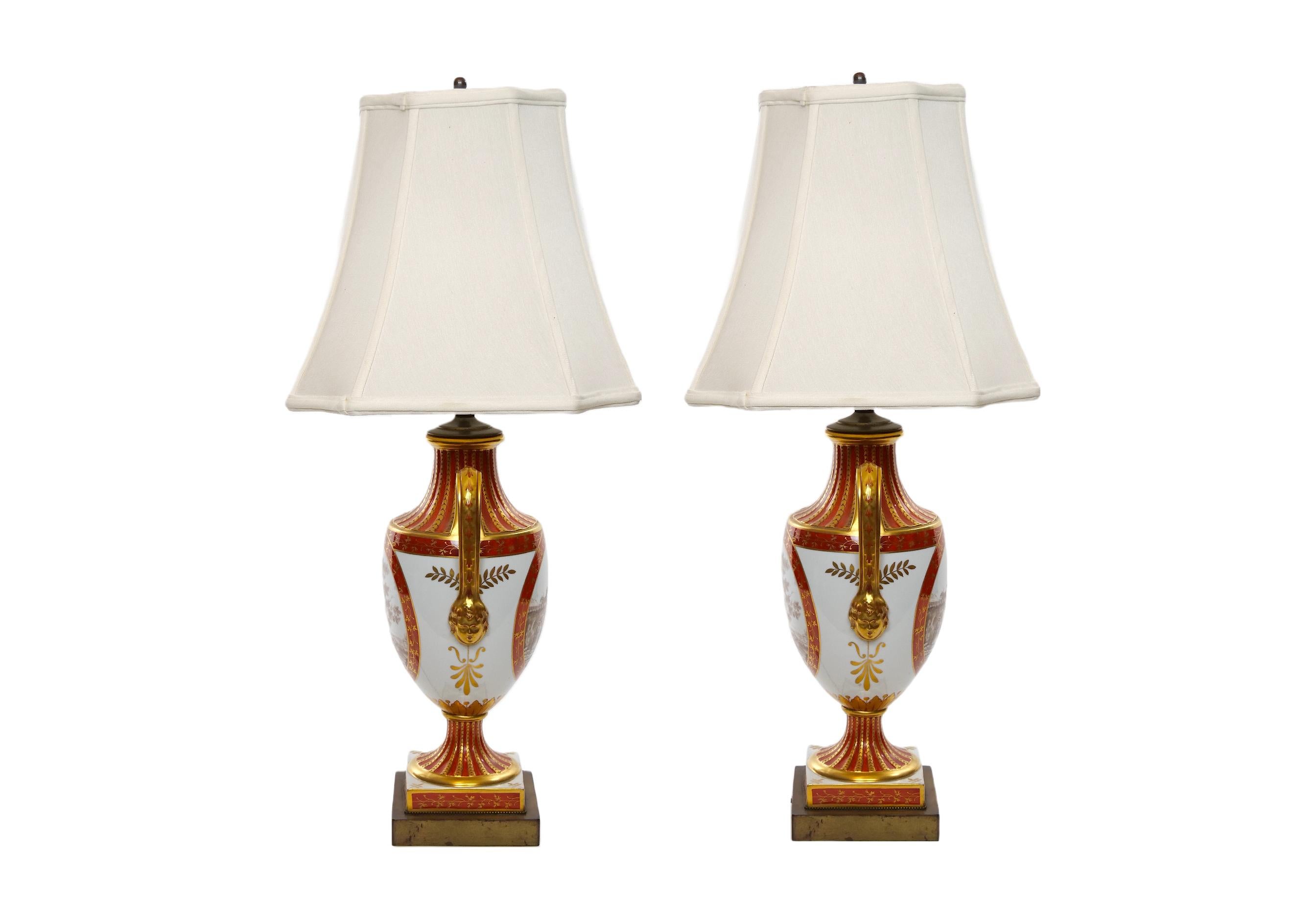 Pair Louis XVI Style French Porcelain / Dore Bronze Table Lamps In Good Condition For Sale In Tarry Town, NY