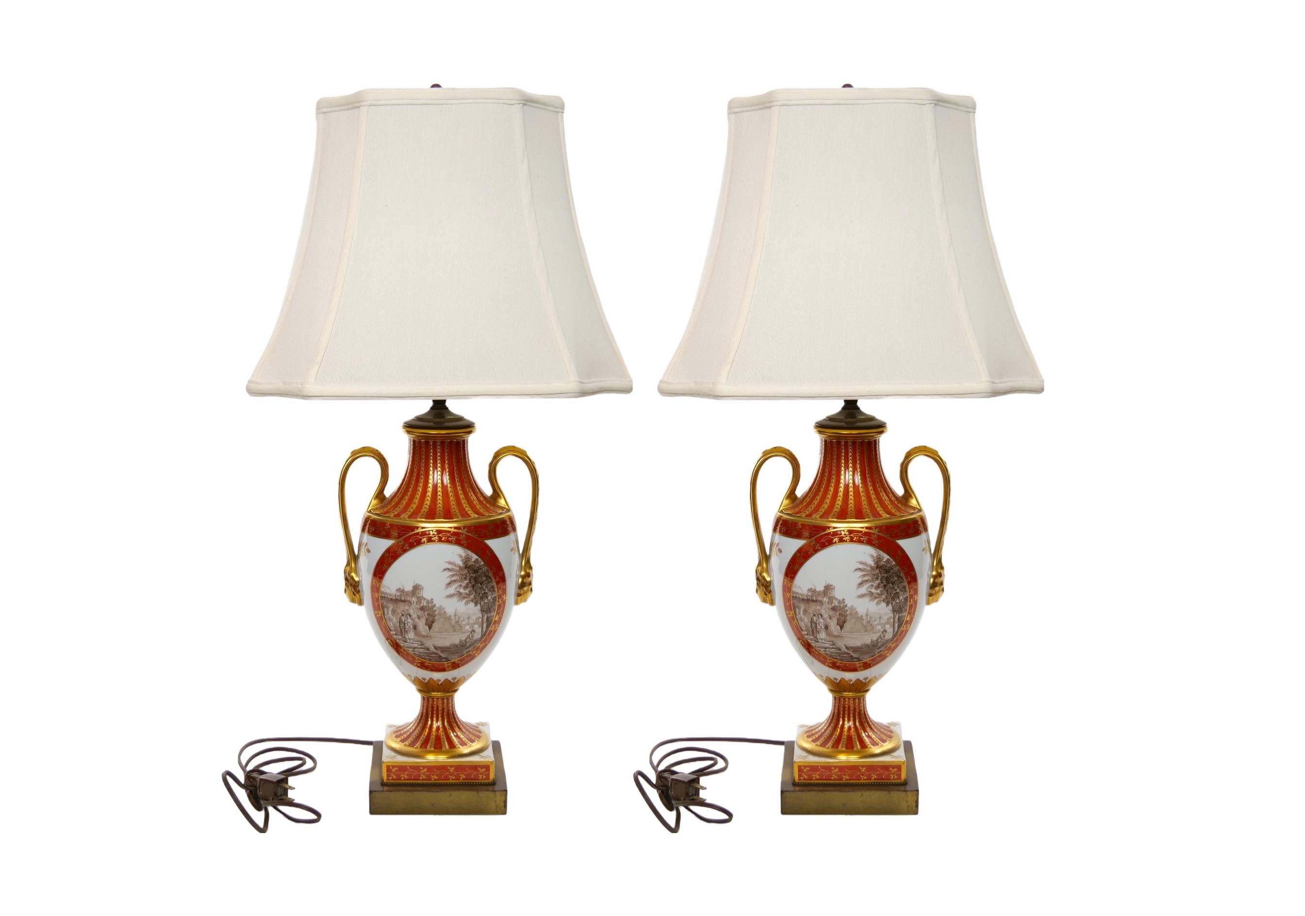 19th Century Pair Louis XVI Style French Porcelain / Dore Bronze Table Lamps For Sale