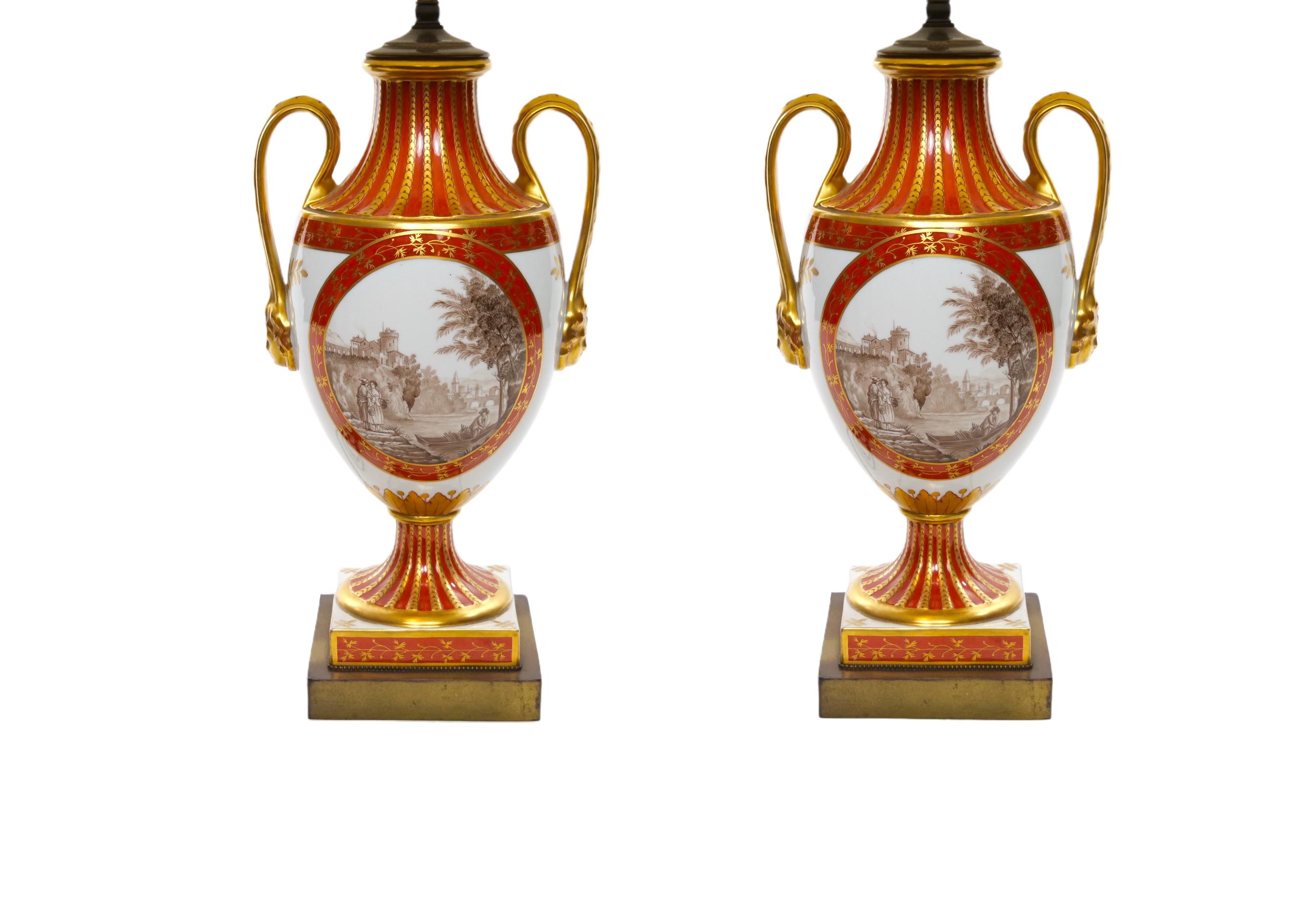Brass Pair Louis XVI Style French Porcelain / Dore Bronze Table Lamps For Sale