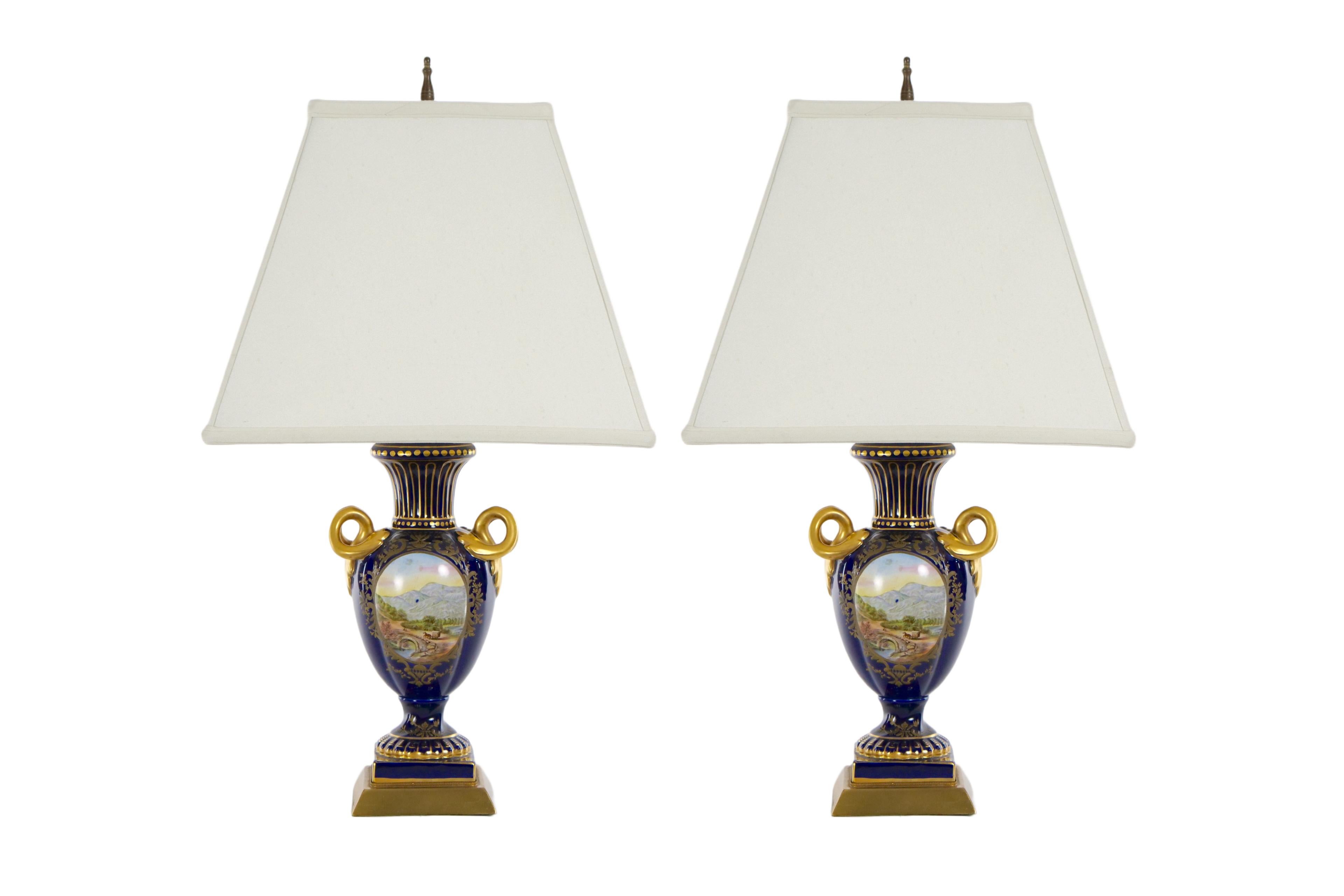 Gilt Pair Louis XVI Style French Porcelain Table Lamp For Sale