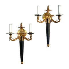 Pair Louis XVI Style French Sconces / Wall Lights, Ebony, Bronze, Maison Bagues
