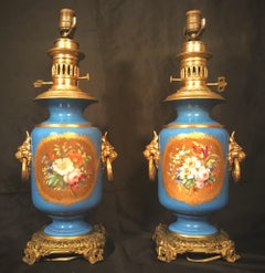 Pair Louis XVI Style French Sevres Blue Porcelain Ormolu Mounted Lamps