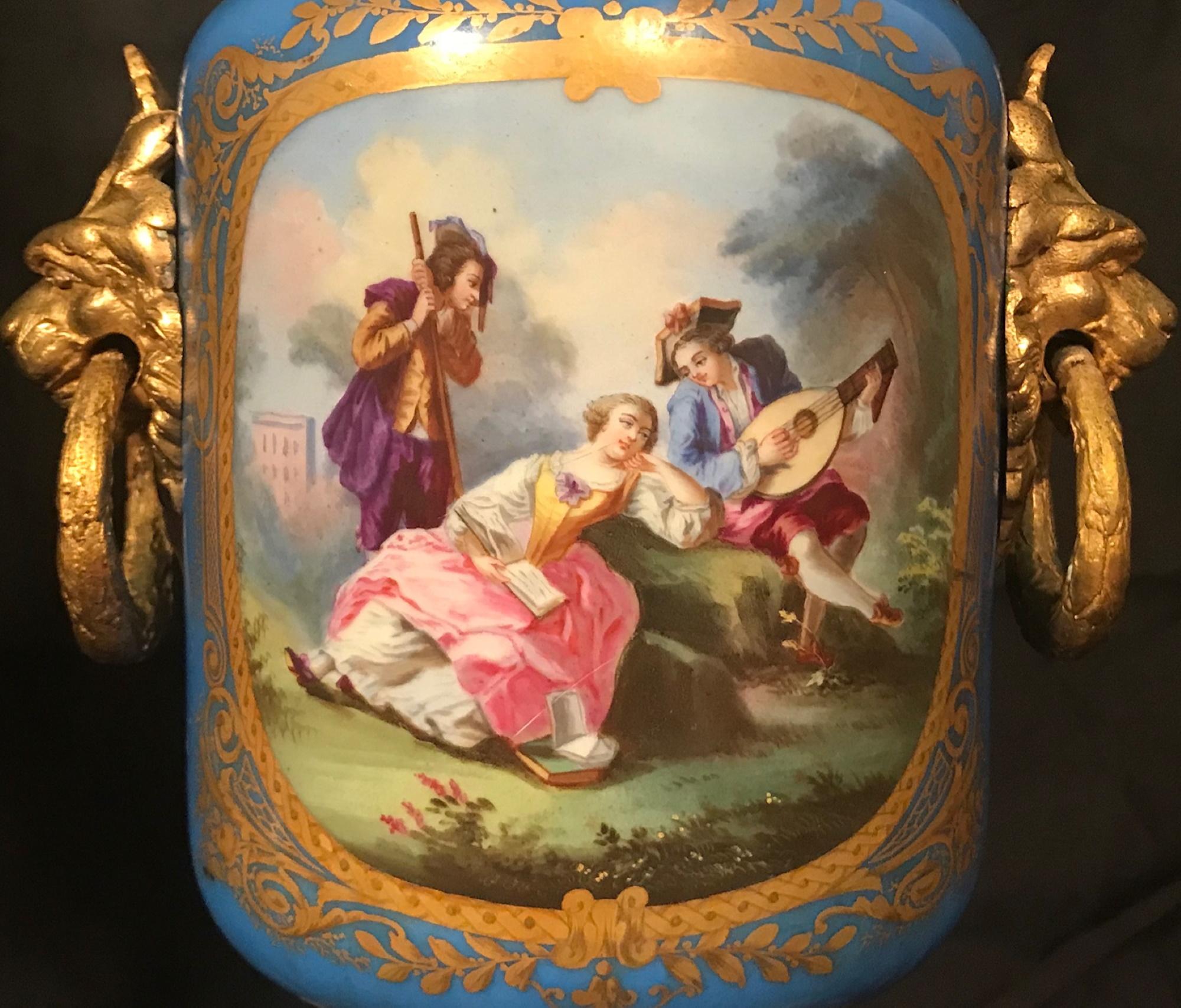 Pair Louis XVI Style French Sevres Blue Porcelain Ormolu Mounted Lamps In Good Condition In Vero Beach, FL