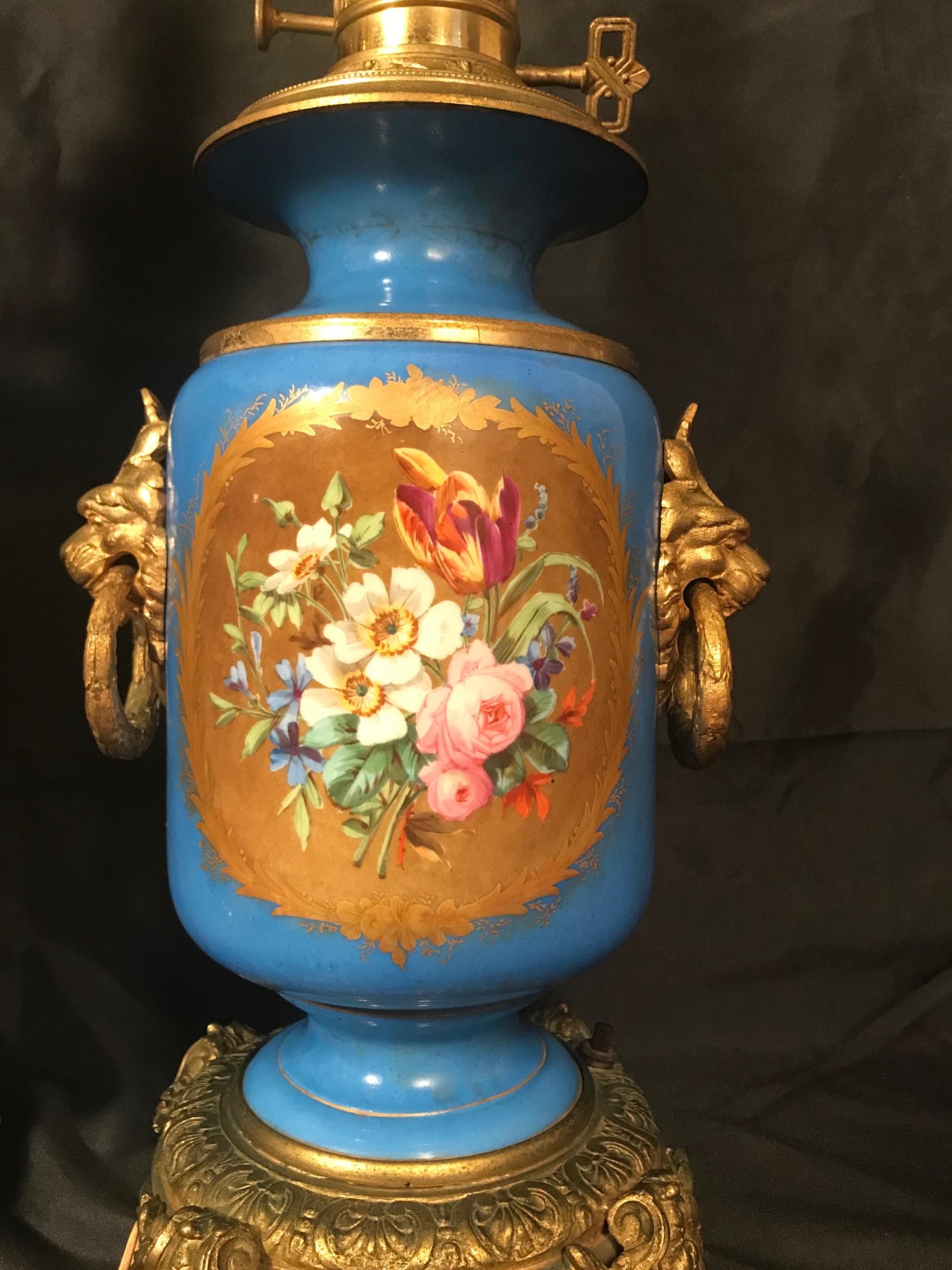 19th Century Pair Louis XVI Style French Sevres Blue Porcelain Ormolu Mounted Lamps