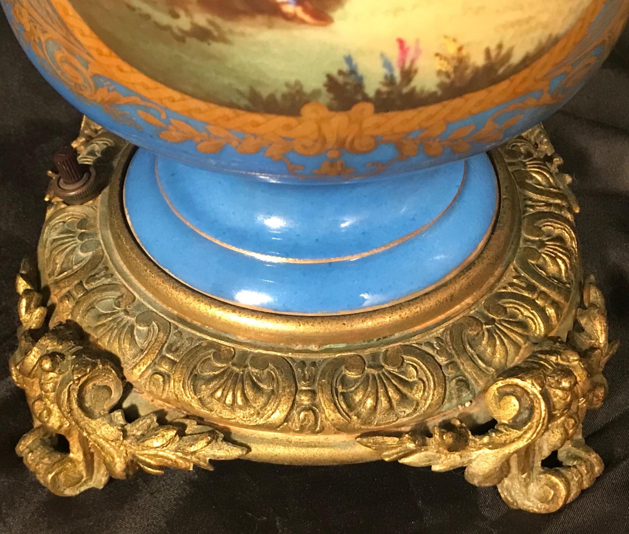 Pair Louis XVI Style French Sevres Blue Porcelain Ormolu Mounted Lamps 2