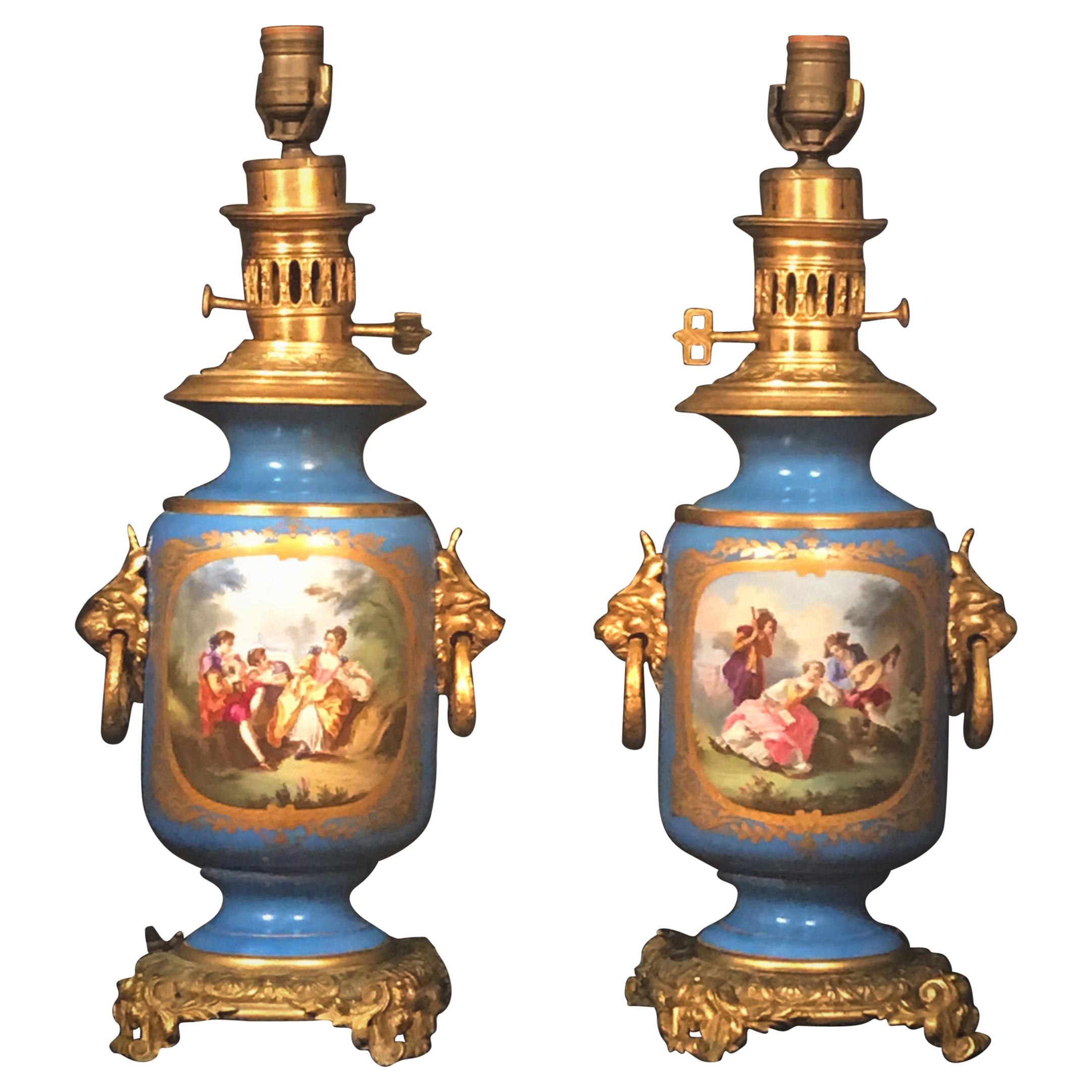 Pair Louis XVI Style French Sevres Blue Porcelain Ormolu Mounted Lamps