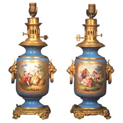 Pair Louis XVI Style French Sevres Blue Porcelain Ormolu Mounted Lamps