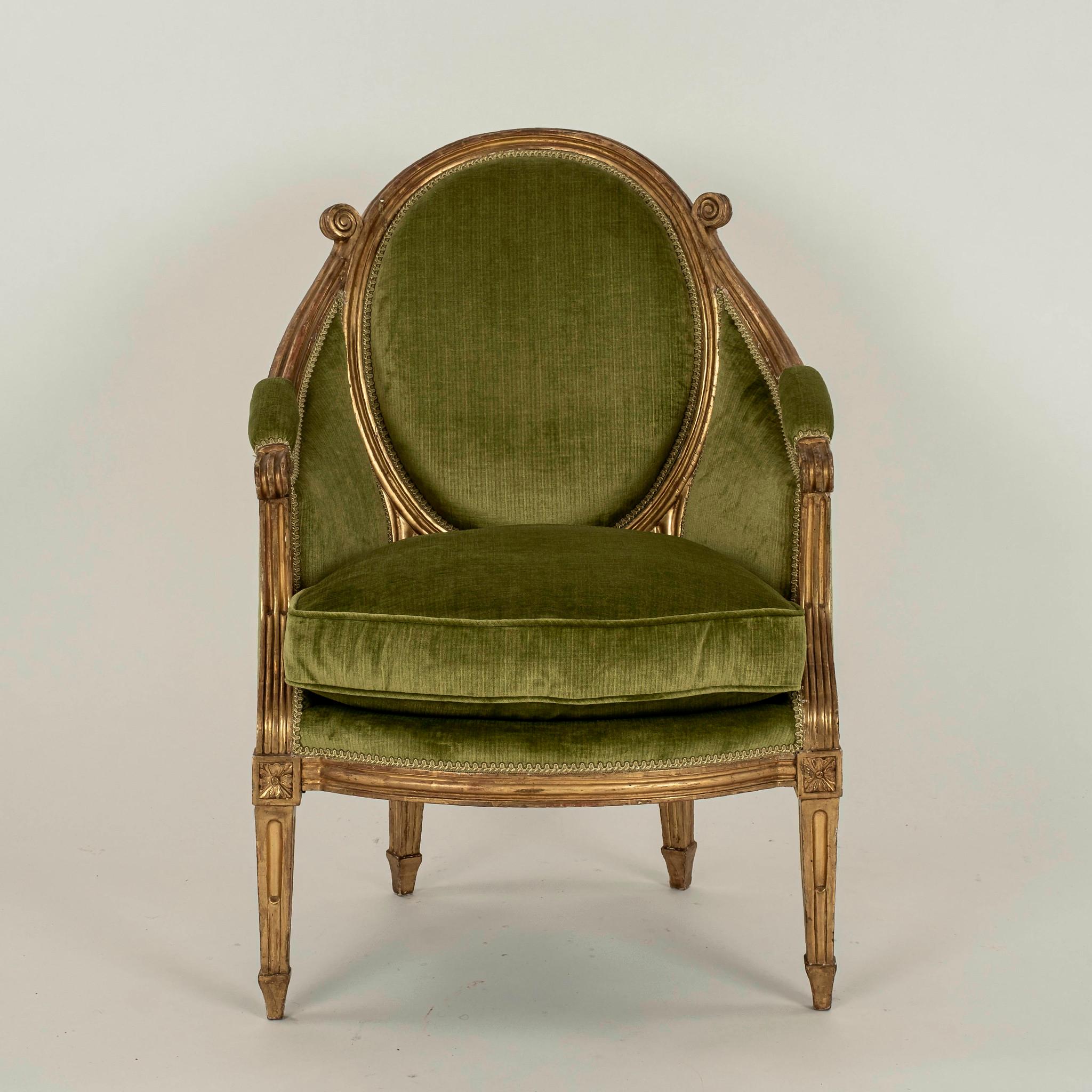 19th Century Pair Louis XVI Style Gilt Bergeres For Sale
