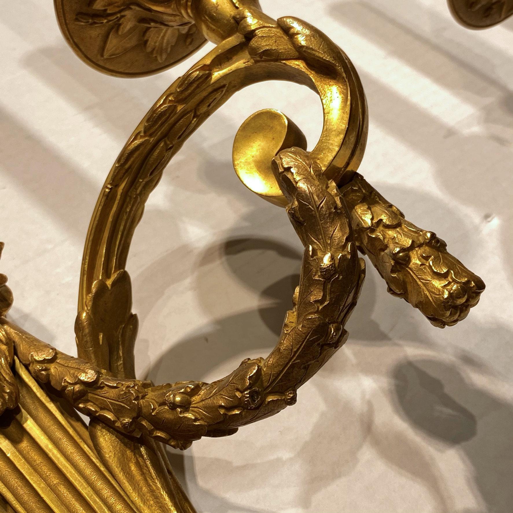 Pair of Louis XVI Style Gilt Bronze 2-Light Sconces For Sale 2