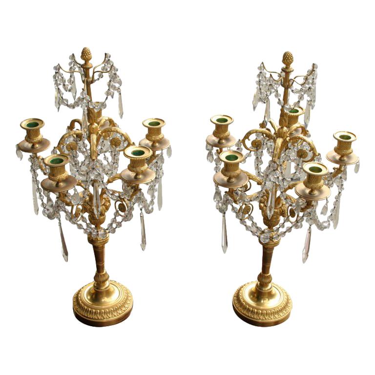 Pair Louis XVI Style Gilt Bronze and Crystal Candelabra 