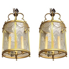 Pair Louis XVI Style Gilt Bronze and Glass Three-Light Lanterns Pair Louis XVI Style Gilt Bronze and Glass Three-Light Lanterns