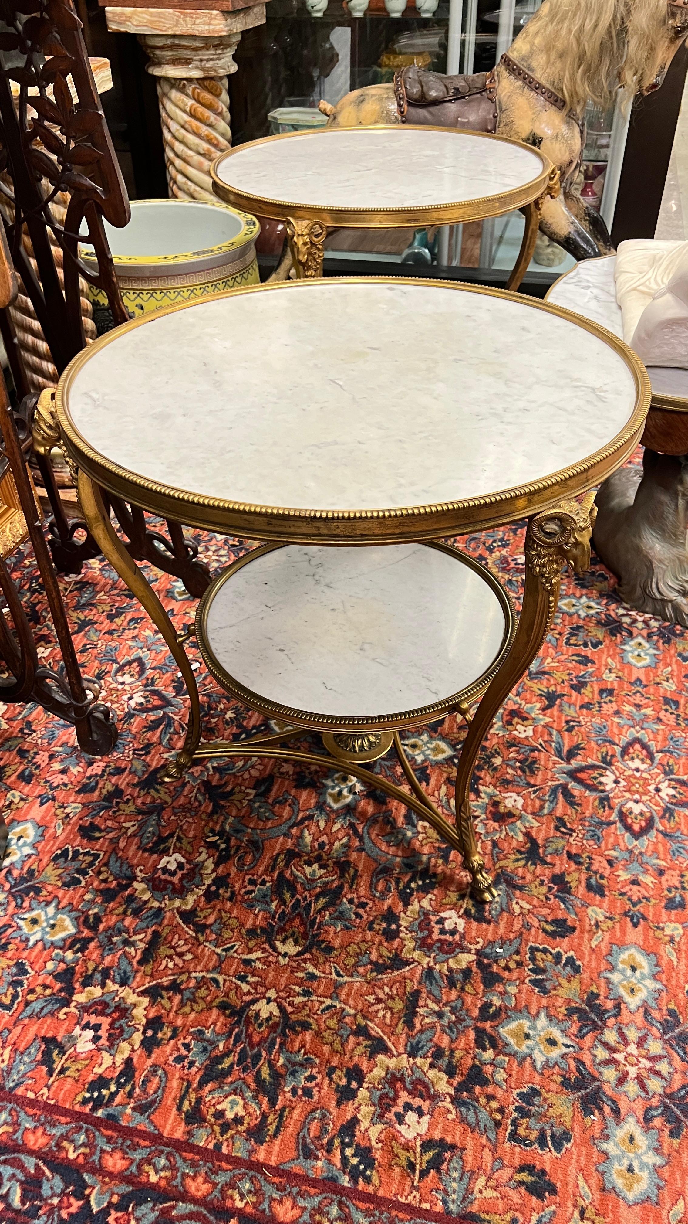 French Pair Louis XVI Style Gilt Bronze and White Marble Gueridon Center / Side Tables For Sale