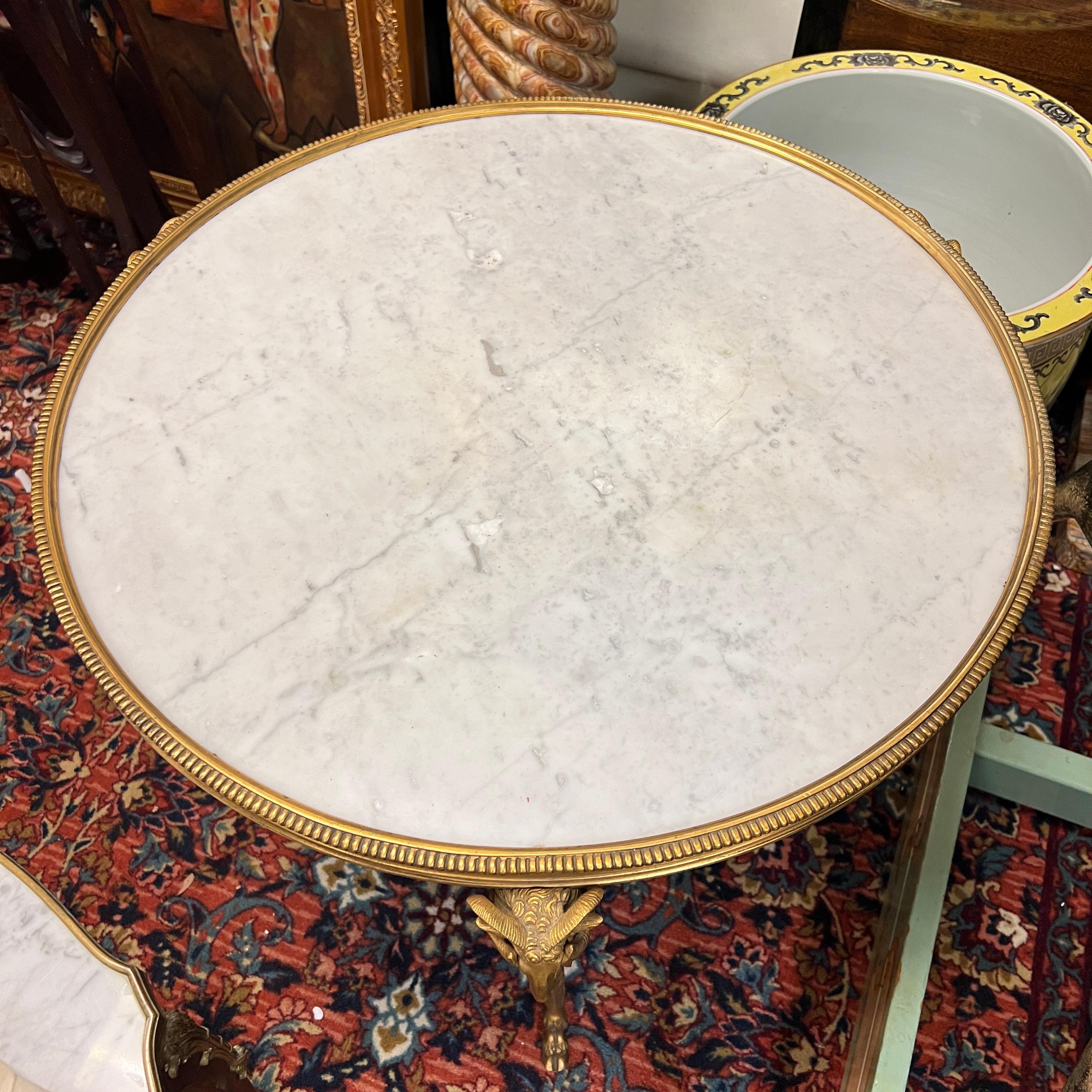 Pair Louis XVI Style Gilt Bronze and White Marble Gueridon Center / Side Tables In Good Condition For Sale In New York, NY