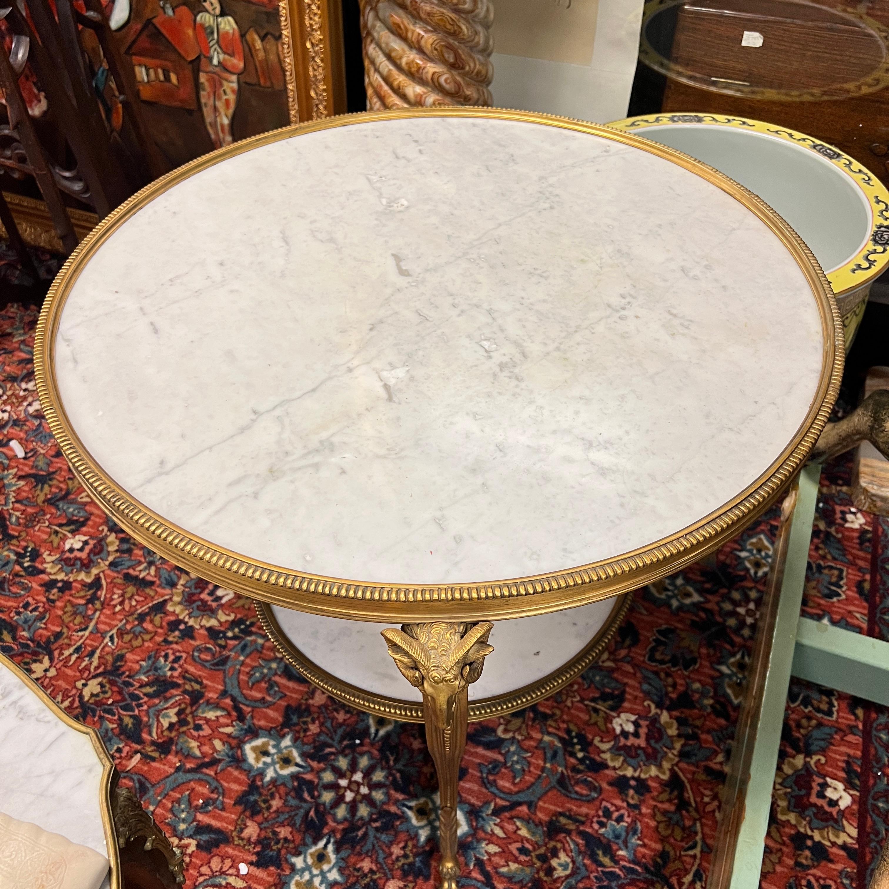 20th Century Pair Louis XVI Style Gilt Bronze and White Marble Gueridon Center / Side Tables For Sale