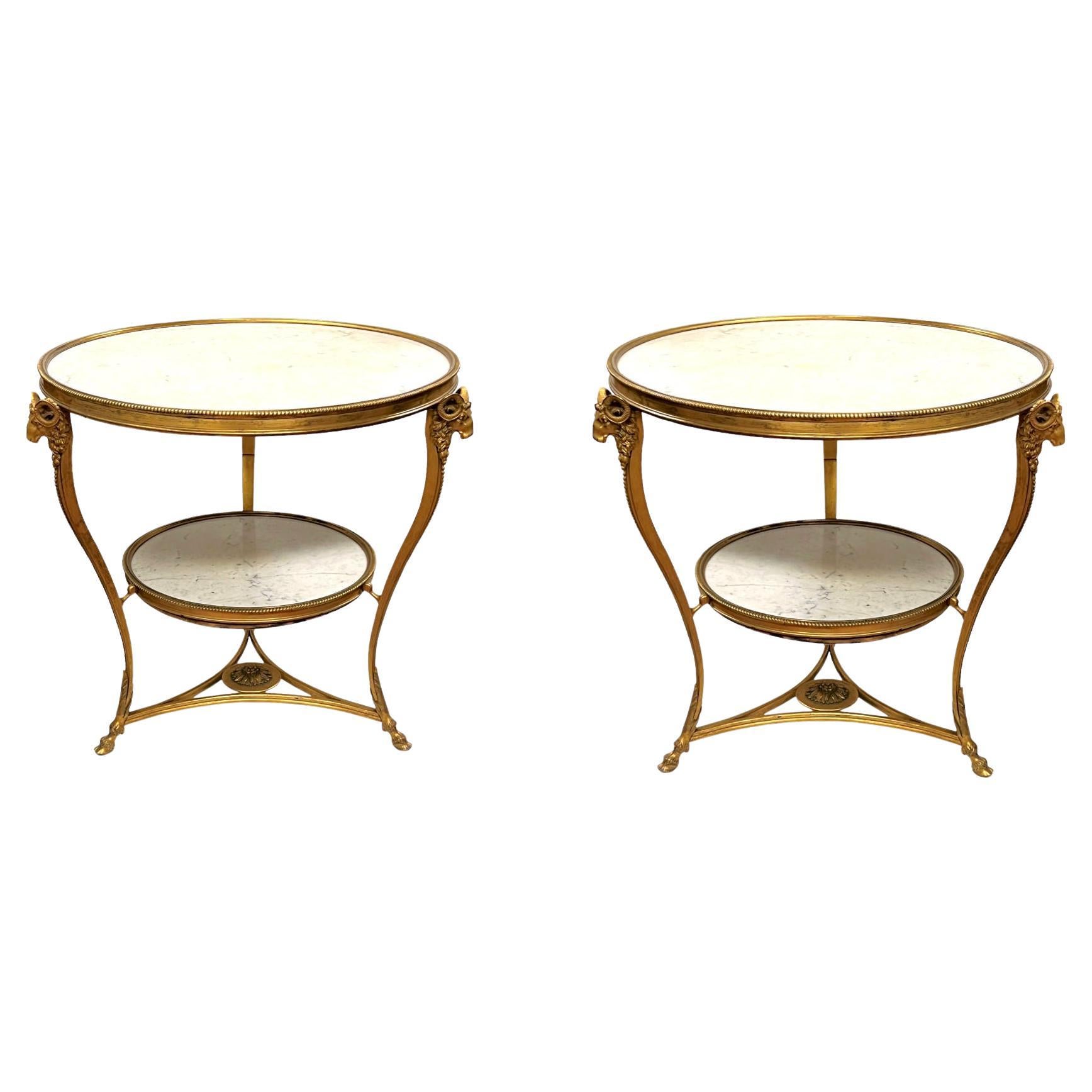 Pair Louis XVI Style Gilt Bronze and White Marble Gueridon Center / Side Tables For Sale