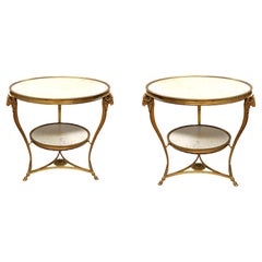 Vintage Pair Louis XVI Style Gilt Bronze and White Marble Gueridon Center / Side Tables