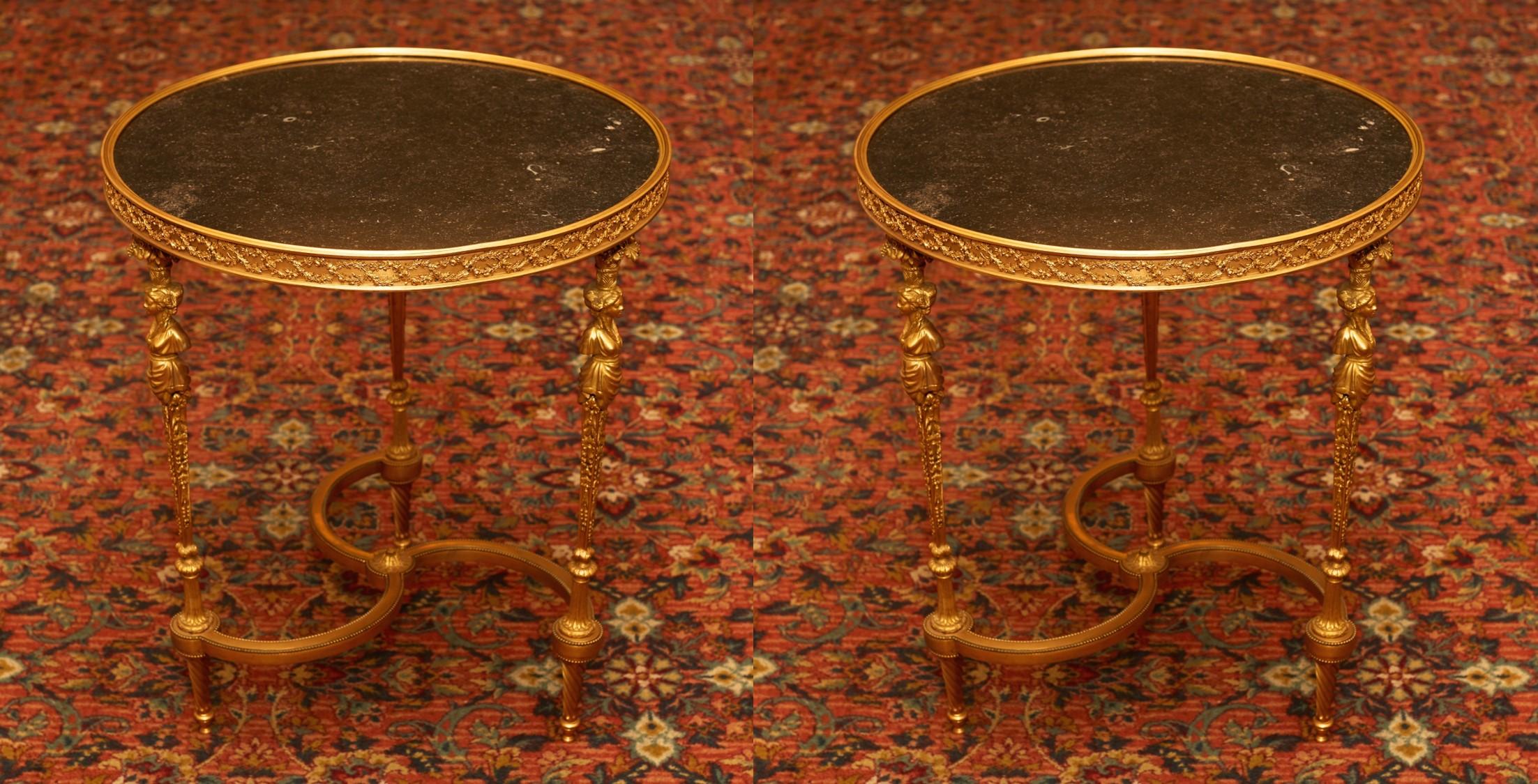 French Louis XVI Style Gilt Bronze & Black Marble Gueridons after Adam Weisweiler, Pair