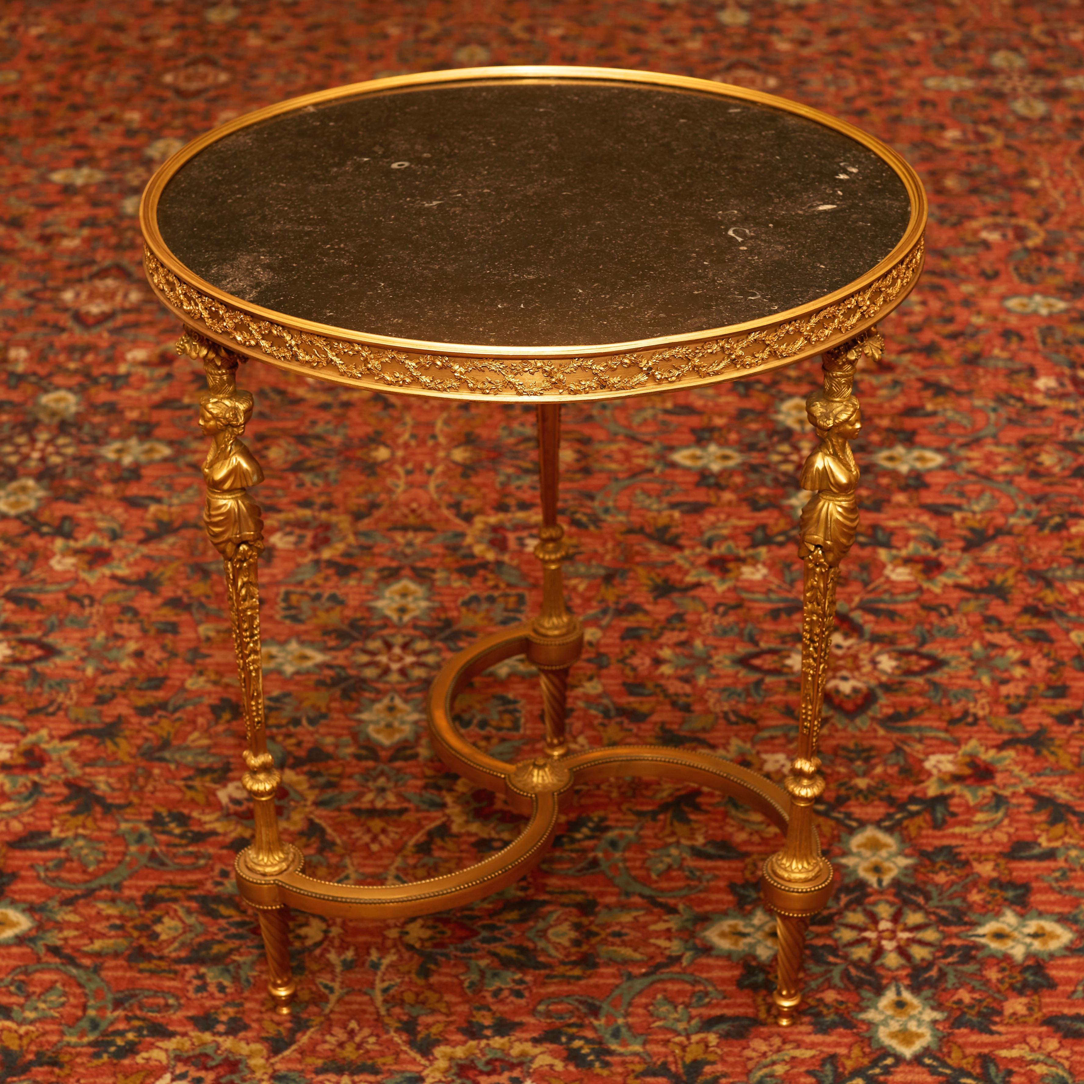 Louis XVI Style Gilt Bronze & Black Marble Gueridons after Adam Weisweiler, Pair In Good Condition In New York, NY