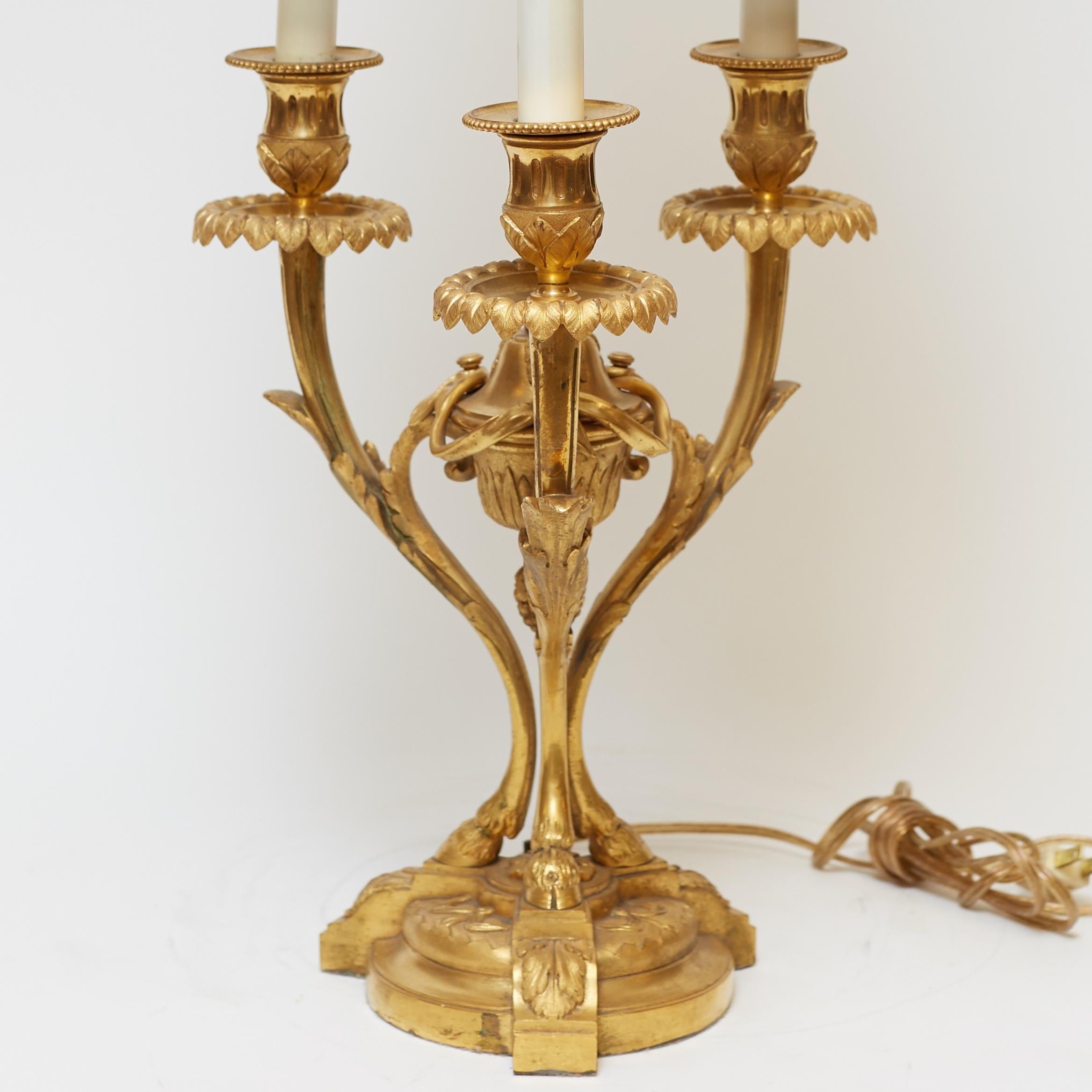 French Pair of Louis XVI Style Gilt Bronze Candelabra Lamps For Sale