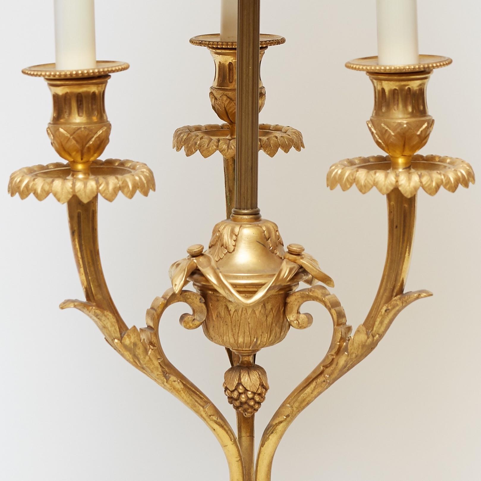 Pair of Louis XVI Style Gilt Bronze Candelabra Lamps For Sale 1