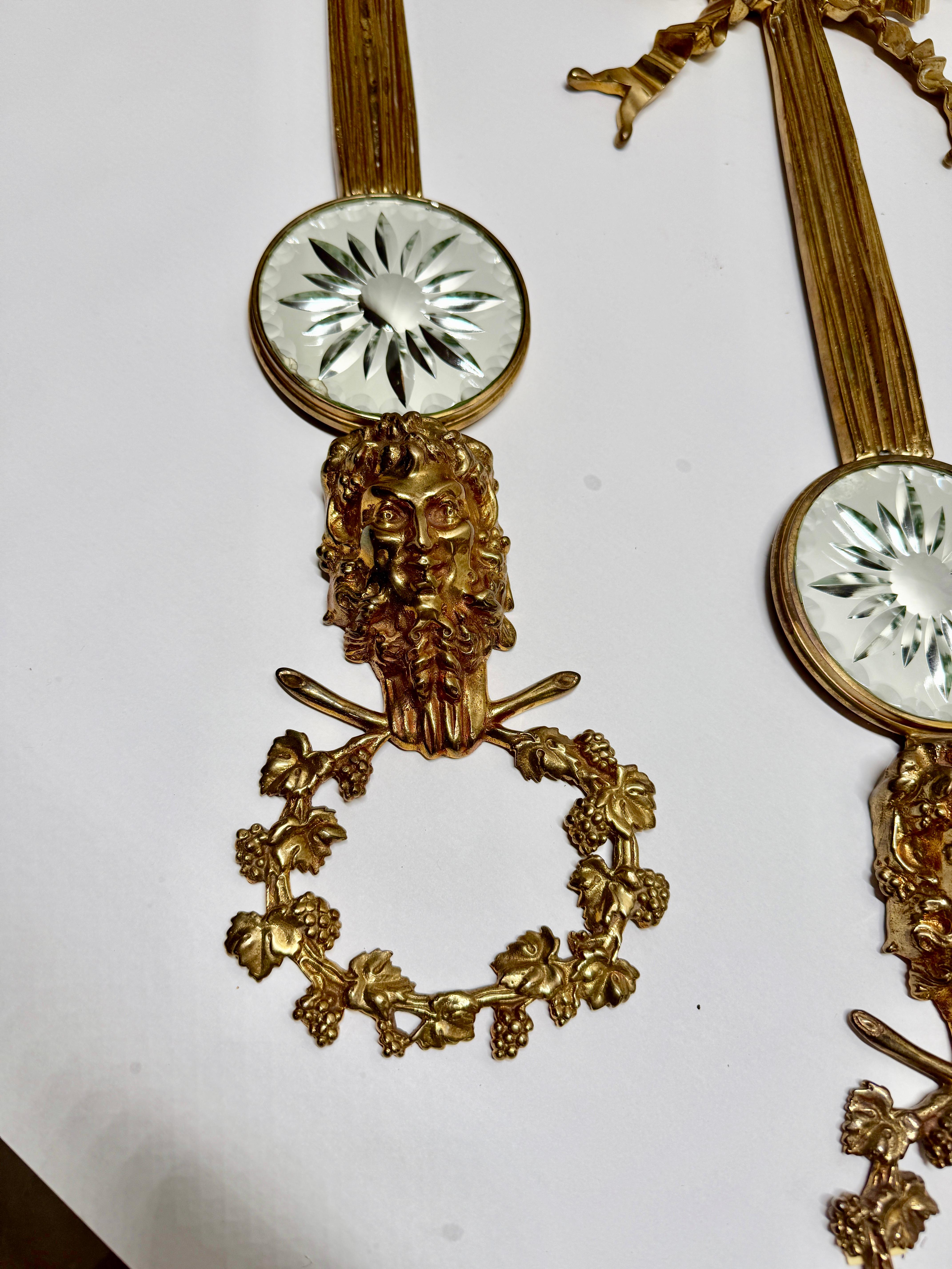 Pair, Louis XVI Style Gilt Bronze Mirrored Wall Appliqués with Bacchic Masks For Sale 3
