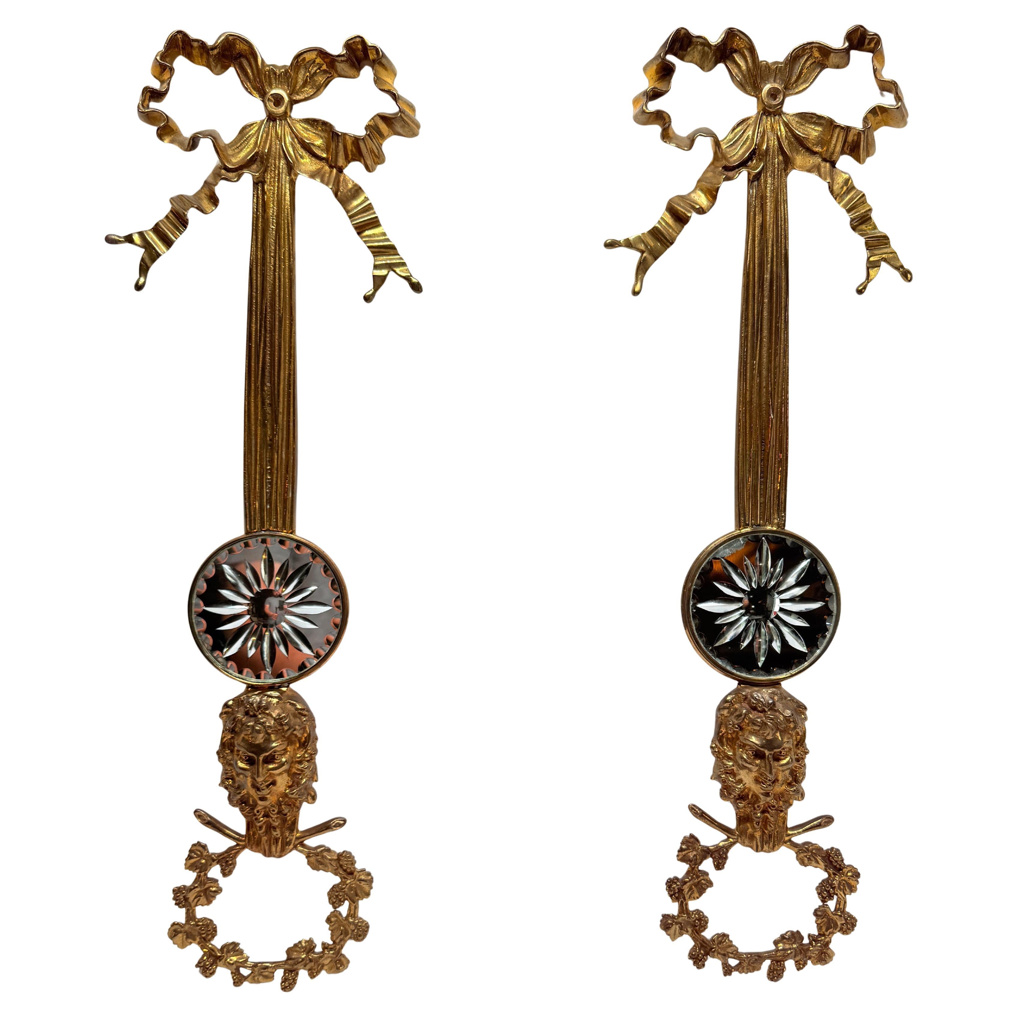 Pair, Louis XVI Style Gilt Bronze Mirrored Wall Appliqués with Bacchic Masks For Sale