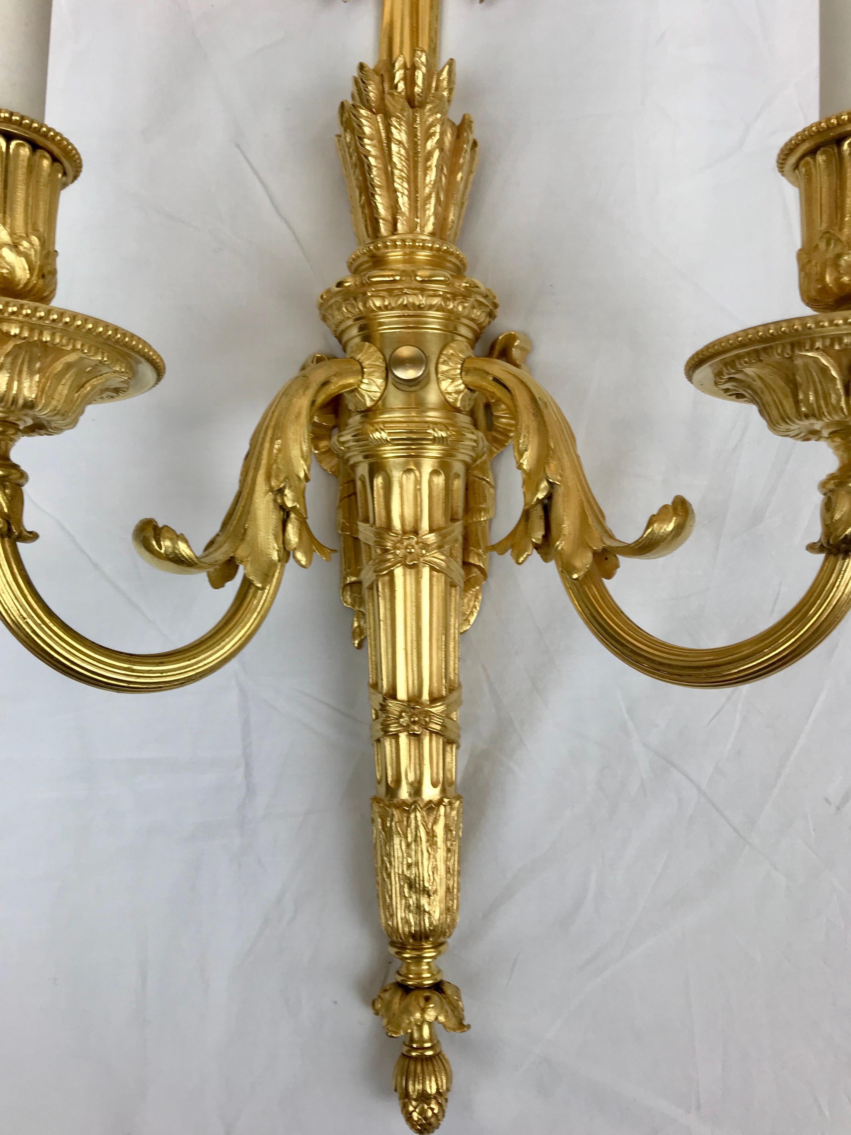 Pair Louis XVI Style Gilt Bronze Sconces by E. F. Caldwell For Sale 4
