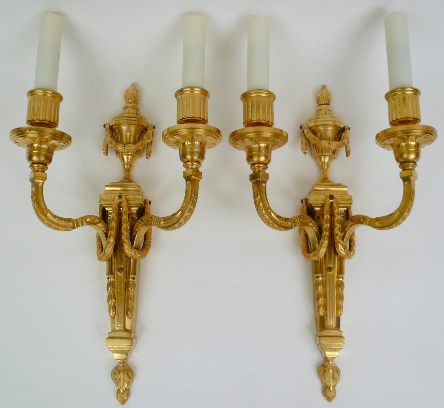 American Pair Louis XVI Style Gilt Bronze Sconces by E. F. Caldwell