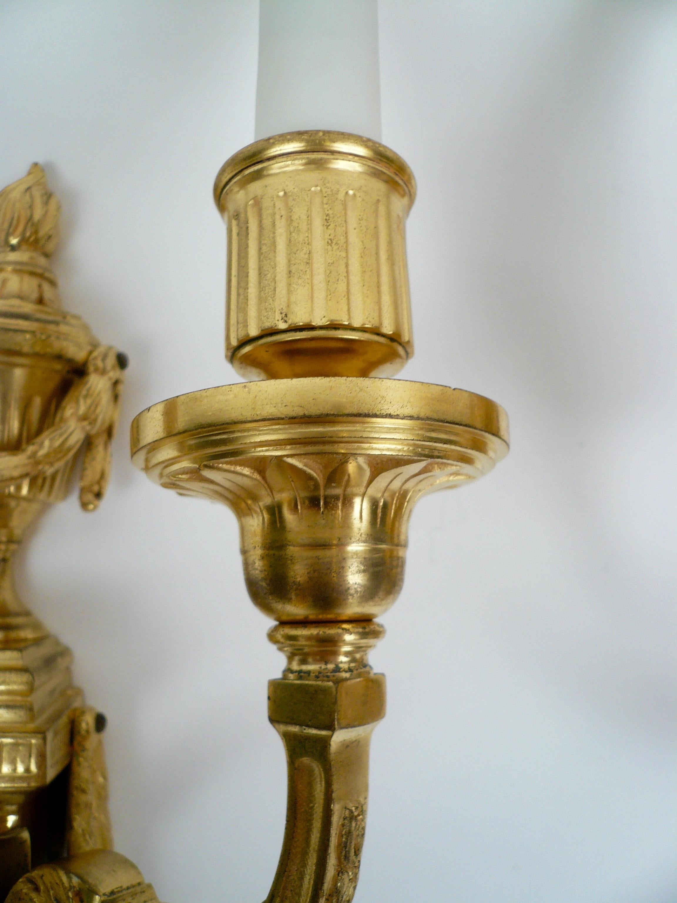 Pair Louis XVI Style Gilt Bronze Sconces by E. F. Caldwell In Good Condition In Pittsburgh, PA