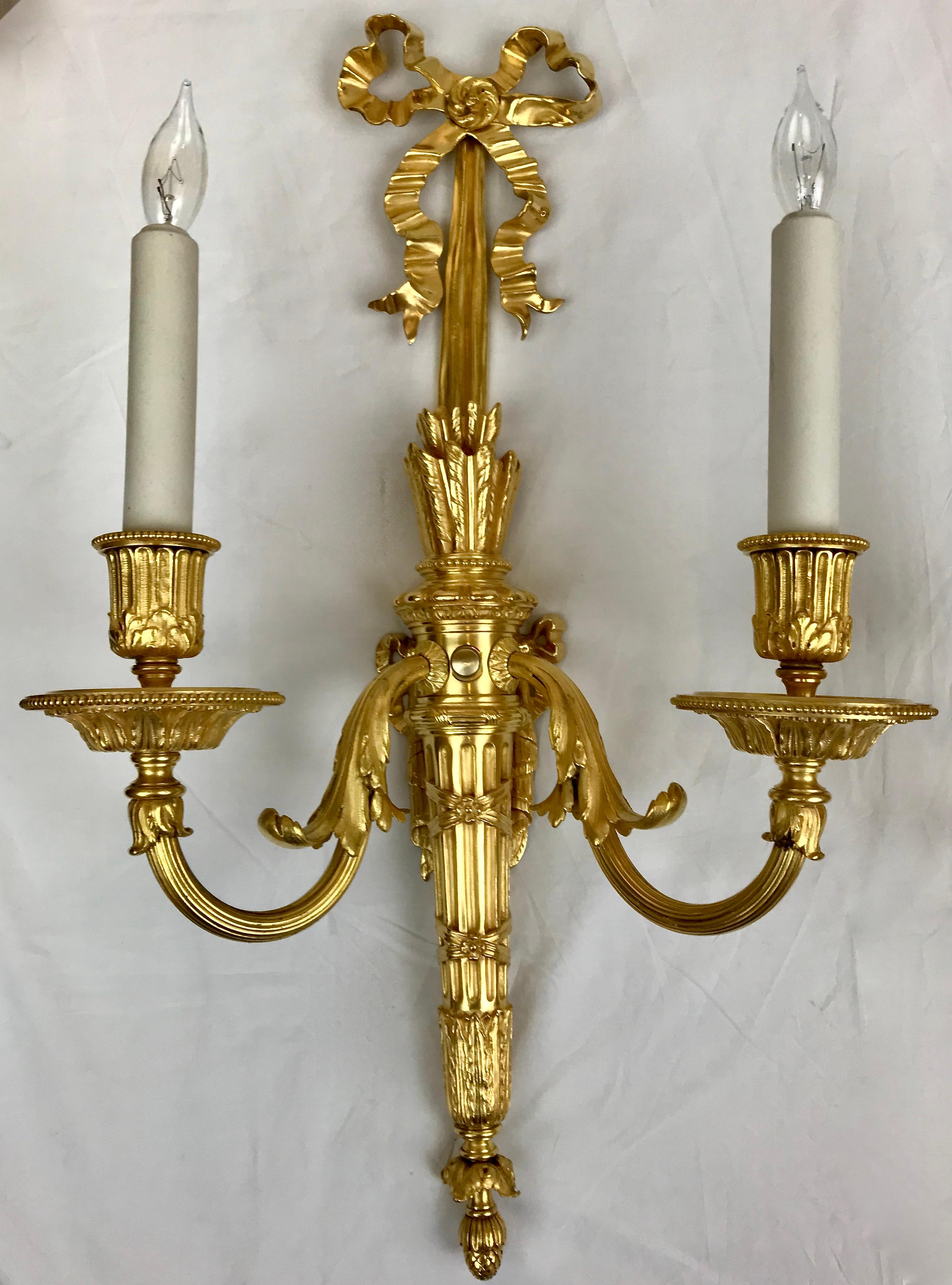 Pair Louis XVI Style Gilt Bronze Sconces by E. F. Caldwell In Good Condition For Sale In Pittsburgh, PA