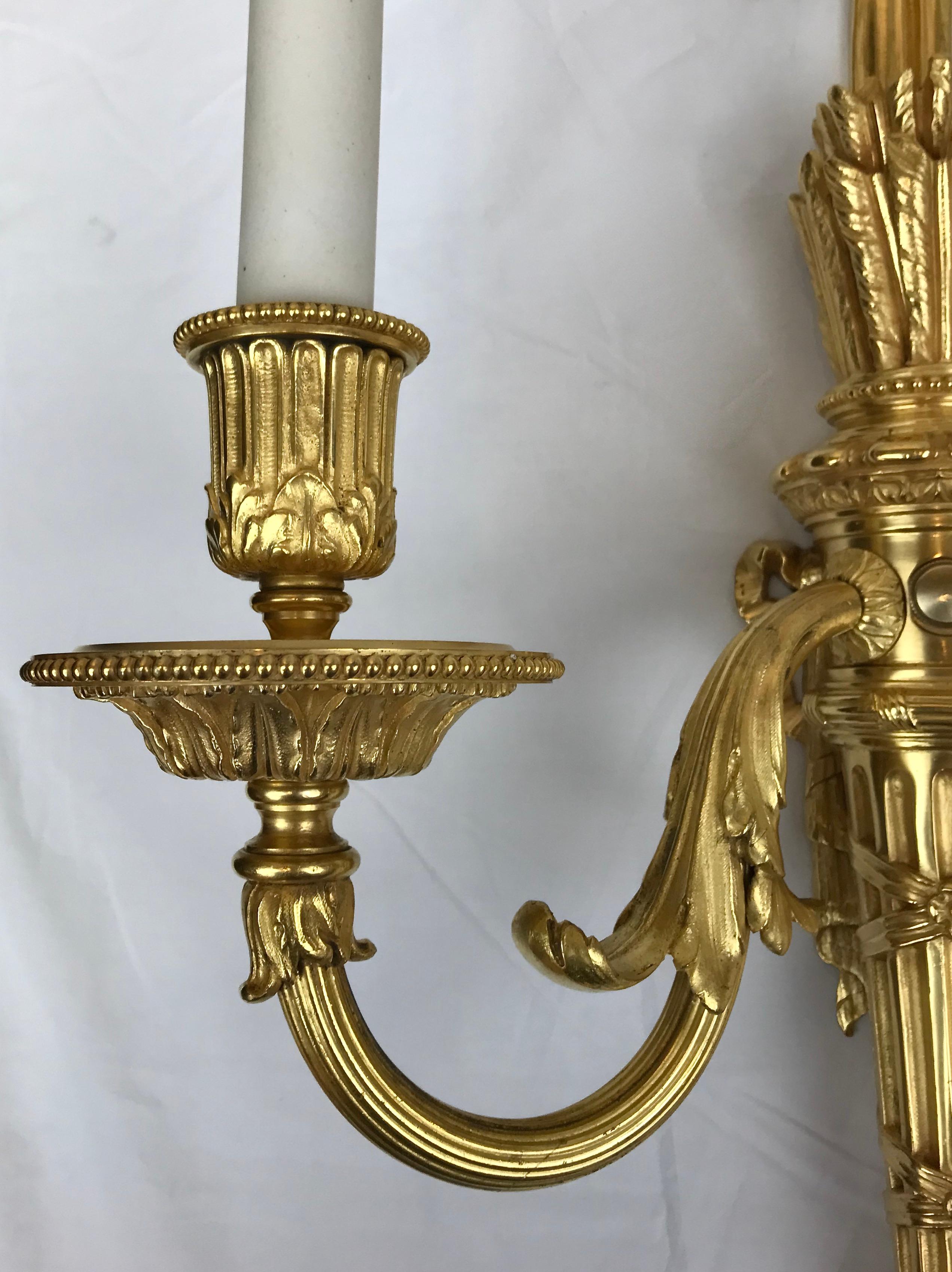 Pair Louis XVI Style Gilt Bronze Sconces by E. F. Caldwell For Sale 1