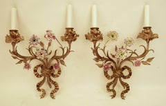 Pair of Louis XVI Style Gilt Bronze Sconces with Porcelain Flowers