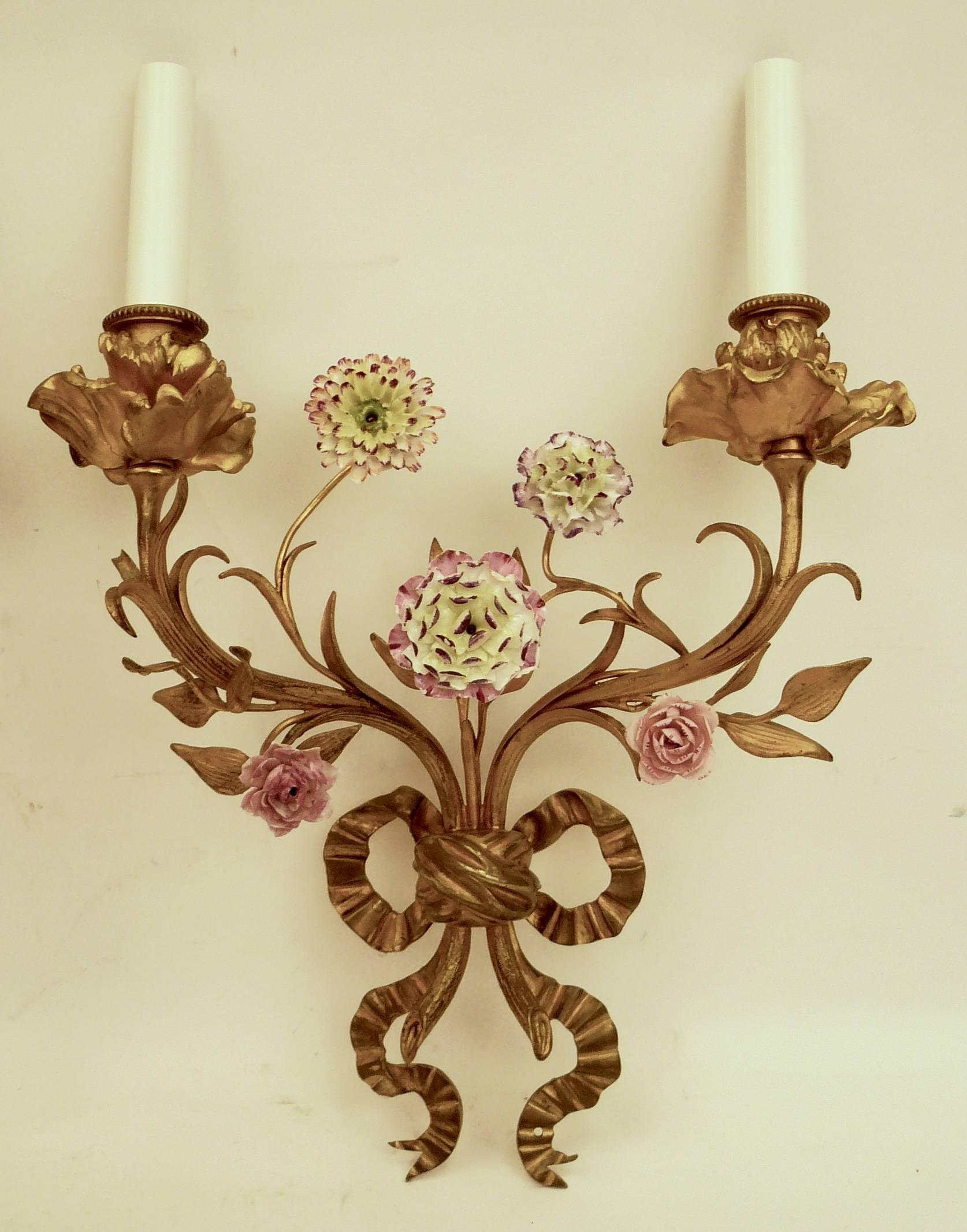 French Pair of Louis XVI Style Gilt Bronze Sconces with Porcelain Flowers