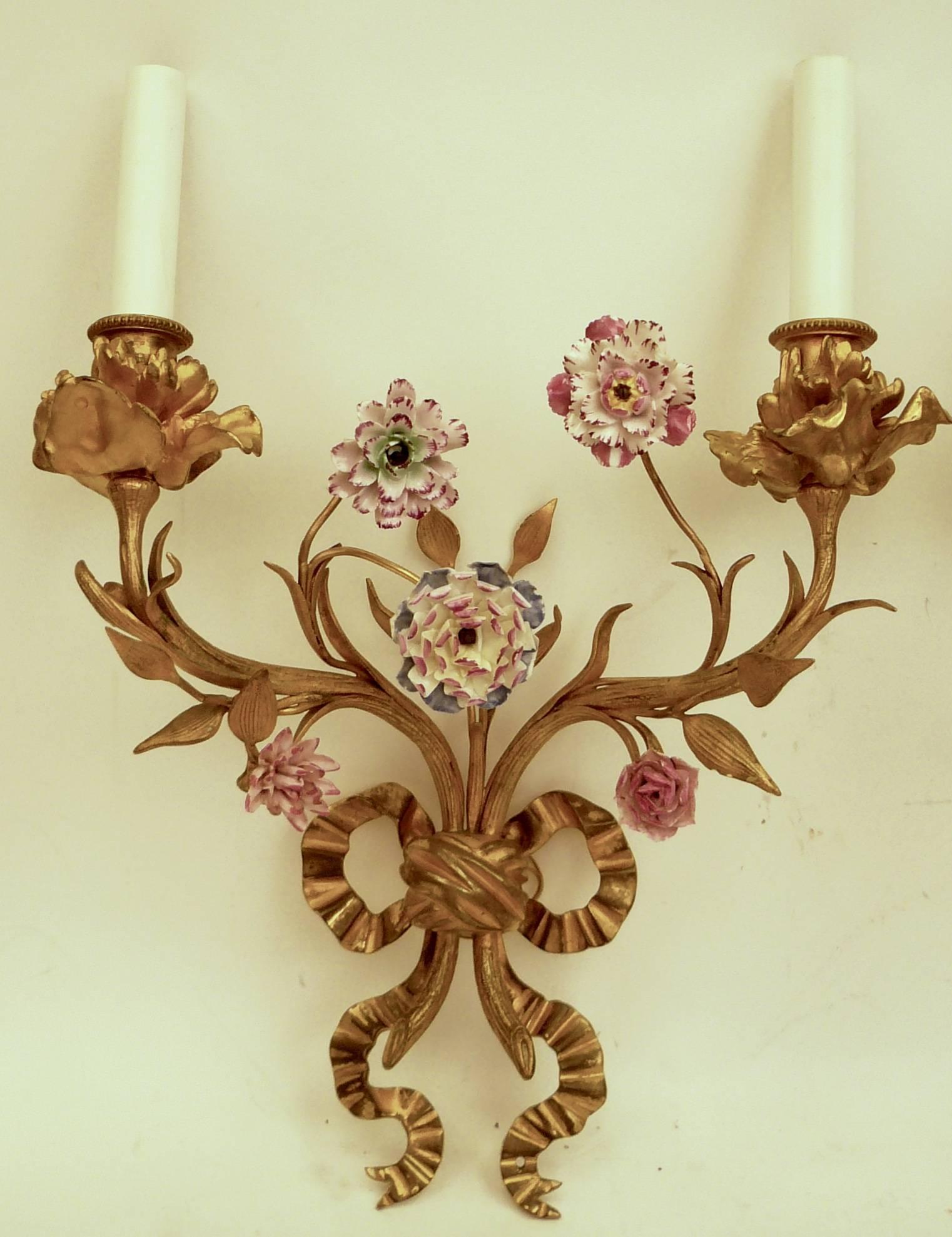 Pair of Louis XVI Style Gilt Bronze Sconces with Porcelain Flowers In Excellent Condition In Pittsburgh, PA