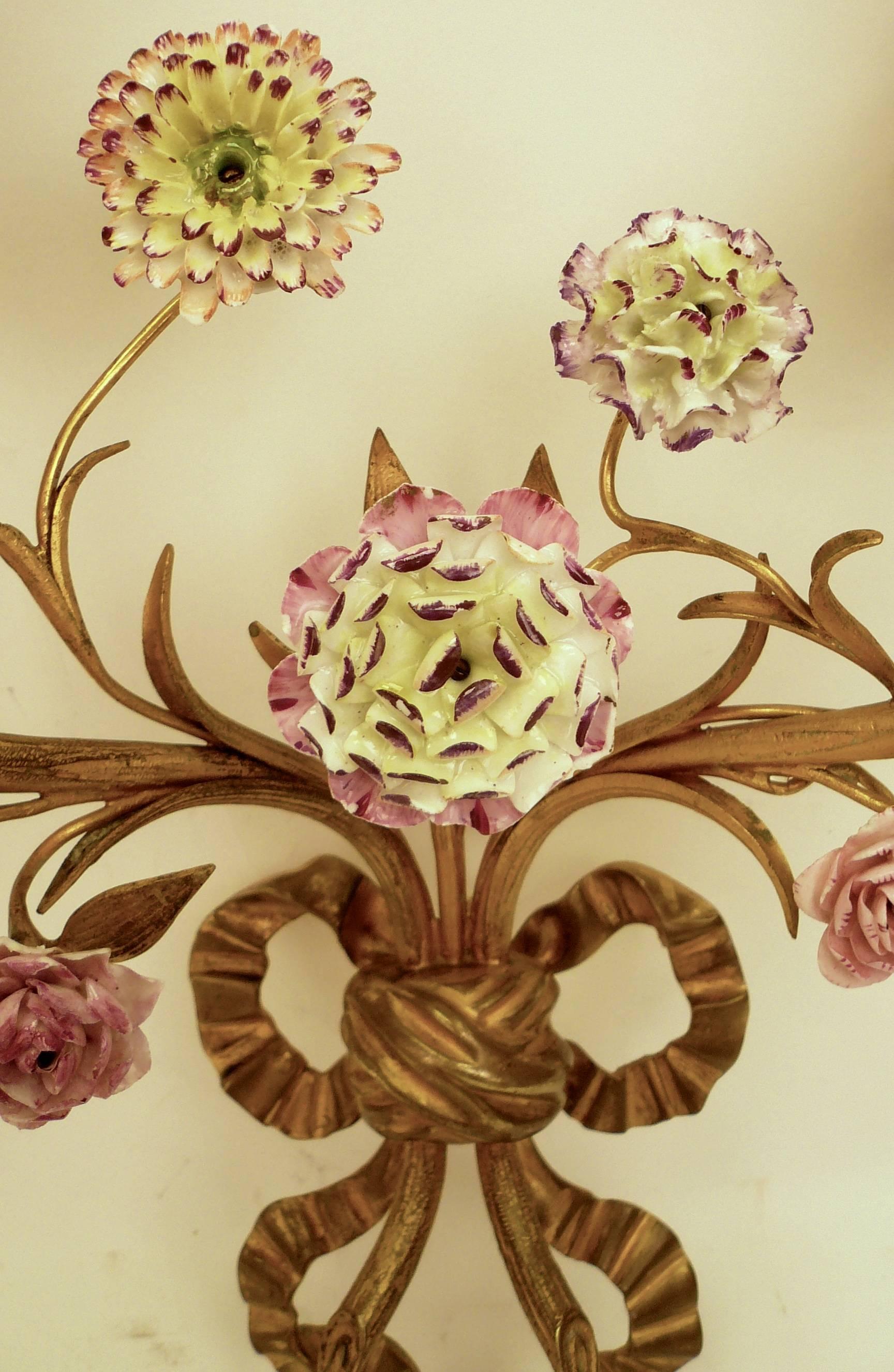 20th Century Pair of Louis XVI Style Gilt Bronze Sconces with Porcelain Flowers