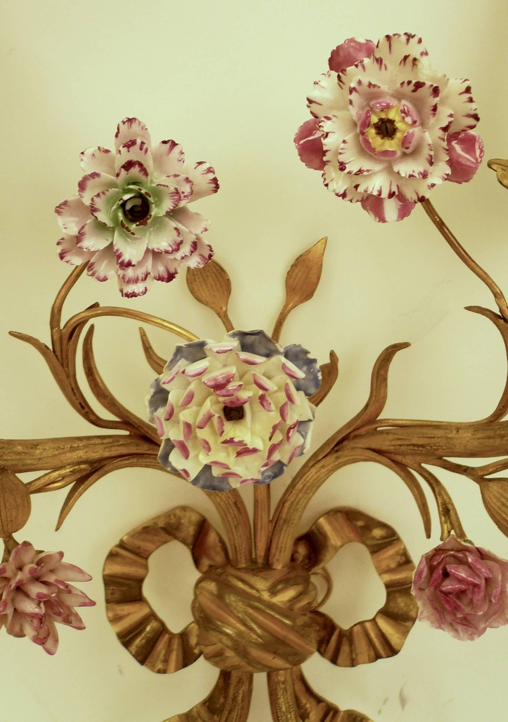 Pair of Louis XVI Style Gilt Bronze Sconces with Porcelain Flowers 1