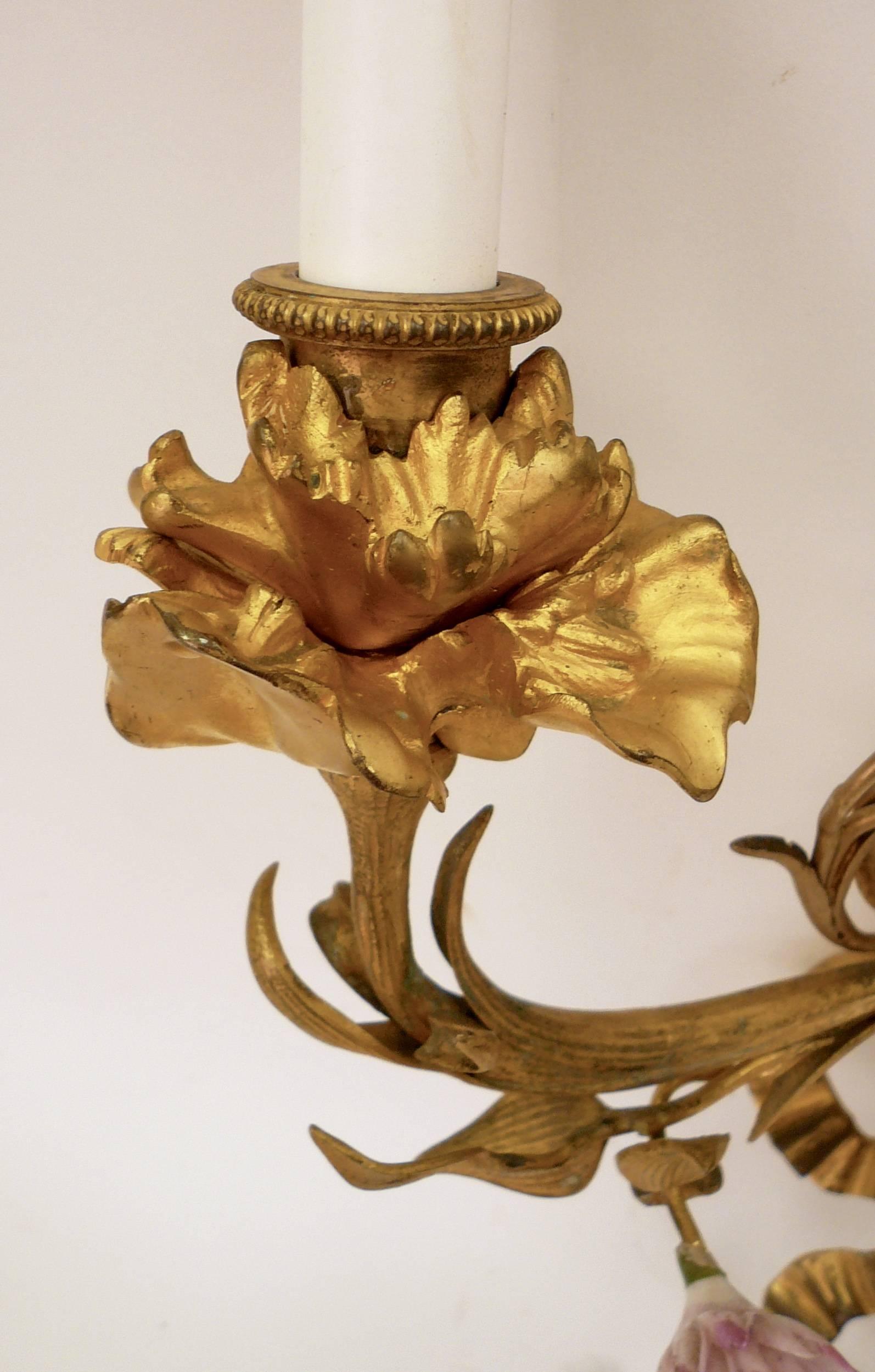Pair of Louis XVI Style Gilt Bronze Sconces with Porcelain Flowers 3