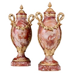 Pair Louis XVI Style Gilt Bronze & Sicilian Jasper Marble Urns By Jollet et Cie