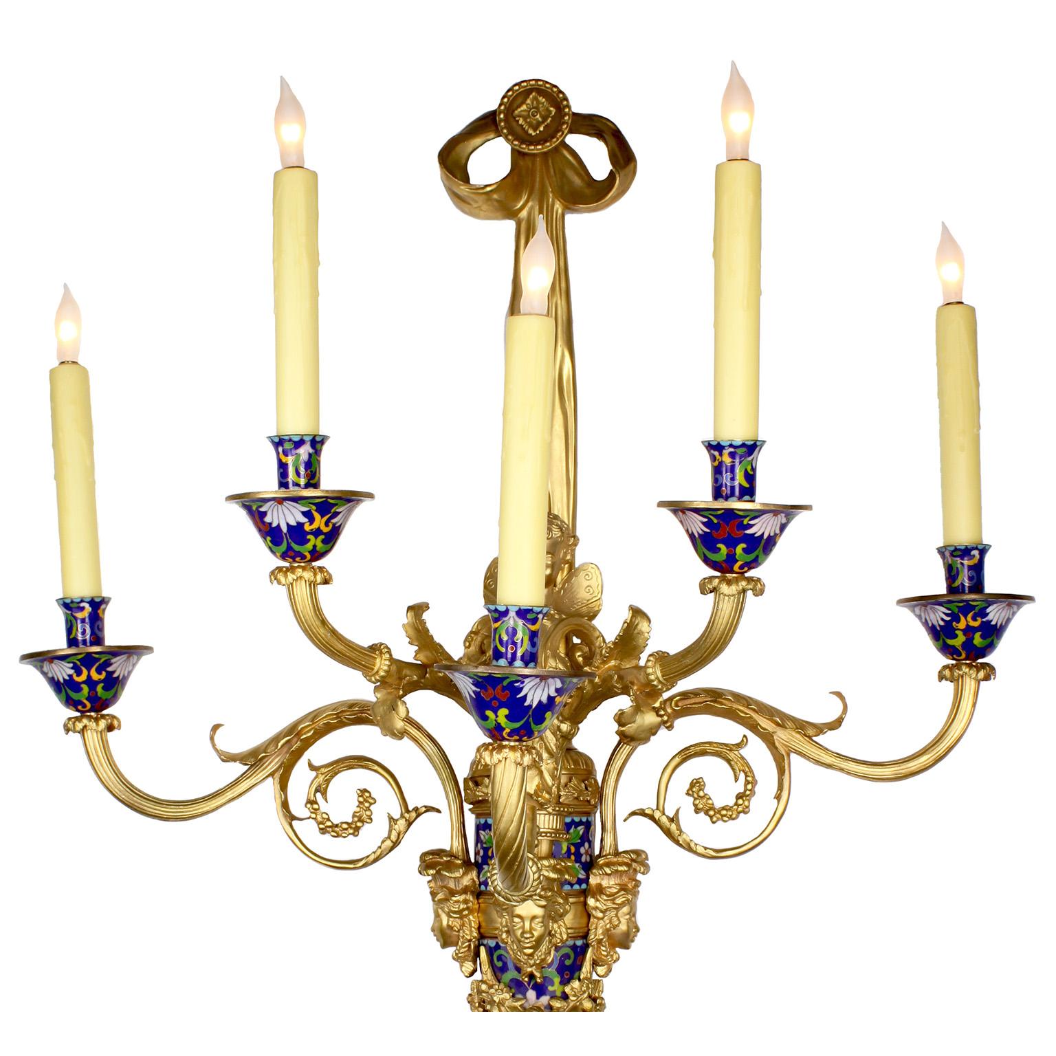 Pair Louis XVI Style Gilt-Metal & Champlevé Enamel 5-Light Wall-lights-Sconces In Good Condition In Los Angeles, CA