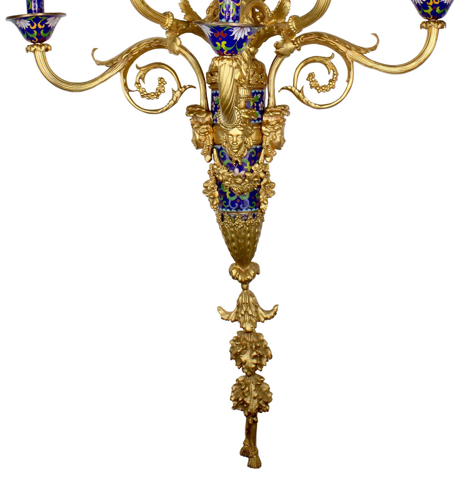 Pair Louis XVI Style Gilt-Metal & Champlevé Enamel 5-Light Wall-lights-Sconces 1