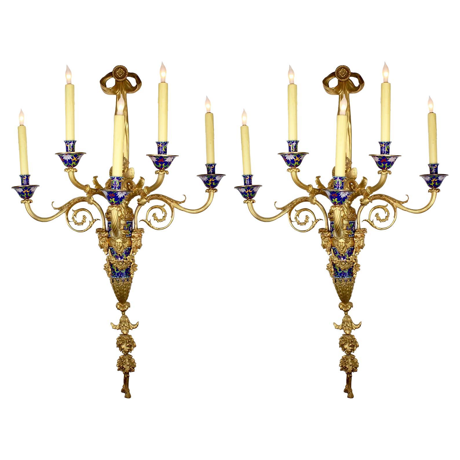 Pair Louis XVI Style Gilt-Metal & Champlevé Enamel 5-Light Wall-lights-Sconces