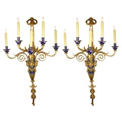 Pair Louis XVI Style Gilt-Metal & Champlevé Enamel 5-Light Wall-lights-Sconces