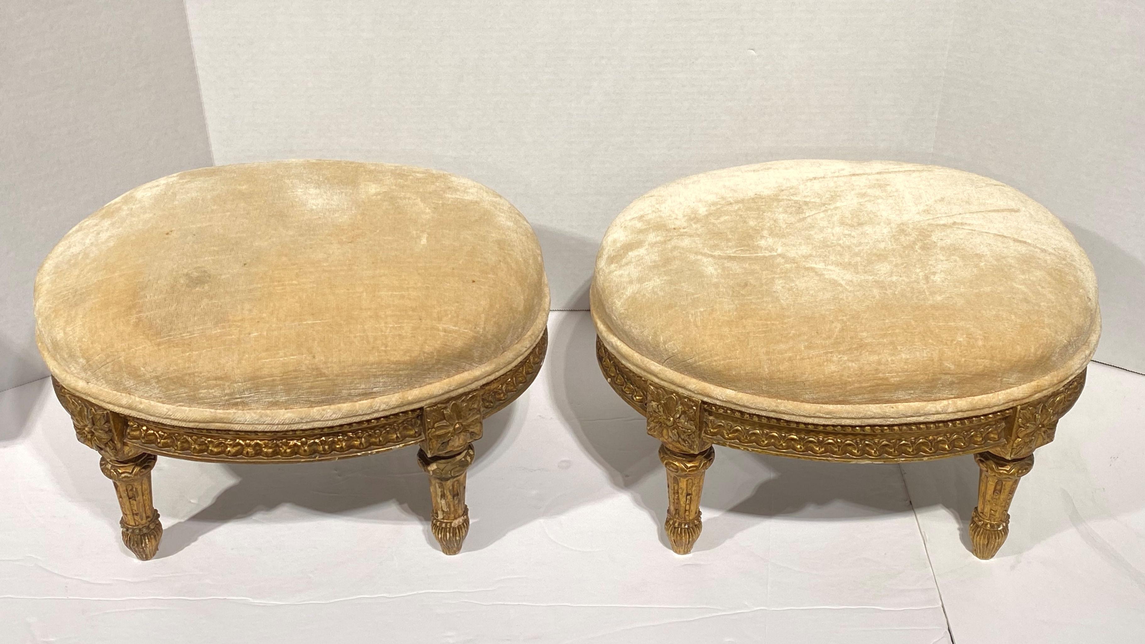 Wood Pair of Louis XVI Style Giltwood Foot Stools