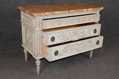 Pair Louis XVI Style Heavily Carved Marble Top Paint Decorated Commodes