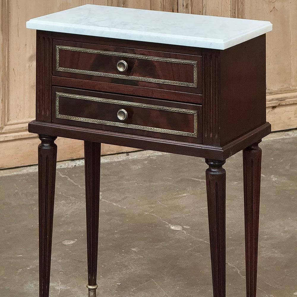 Pair Louis XVI Style Mahogany End Tables ~ Nightstands with Carrara Marble For Sale 4