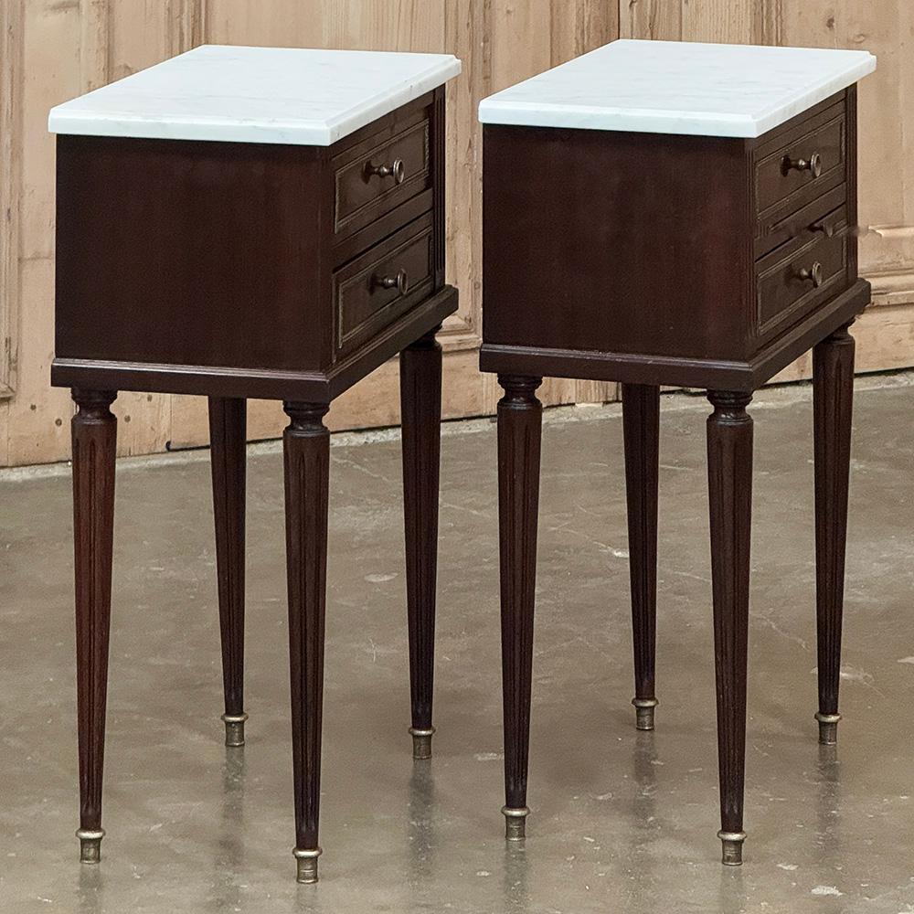 Pair Louis XVI Style Mahogany End Tables ~ Nightstands with Carrara Marble For Sale 6