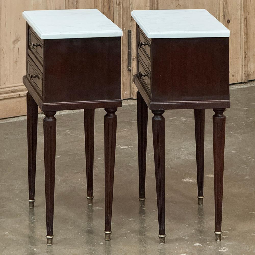 Pair Louis XVI Style Mahogany End Tables ~ Nightstands with Carrara Marble For Sale 7