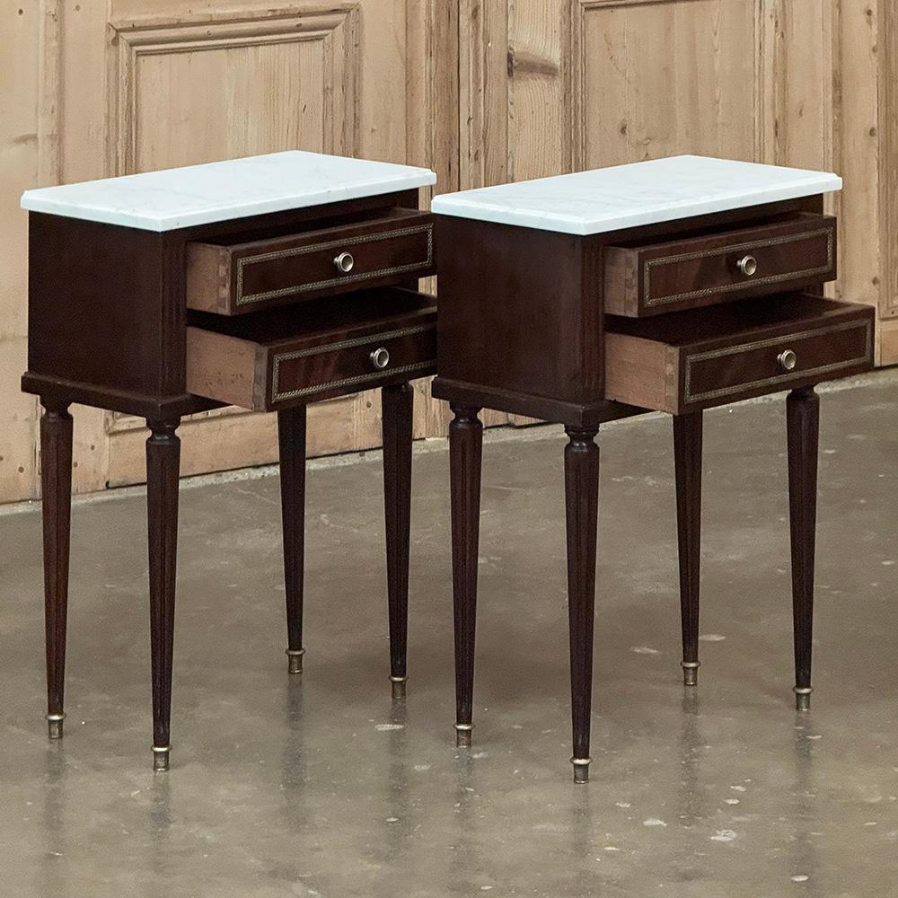 Pair Louis XVI Style Mahogany End Tables ~ Nightstands with Carrara Marble For Sale 8