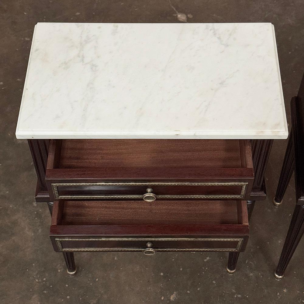 Pair Louis XVI Style Mahogany End Tables ~ Nightstands with Carrara Marble For Sale 9