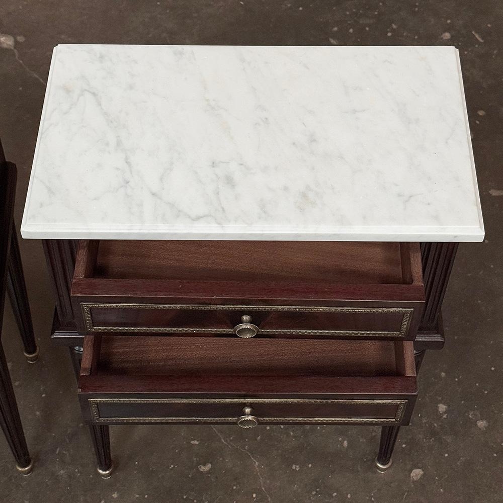 Pair Louis XVI Style Mahogany End Tables ~ Nightstands with Carrara Marble For Sale 10